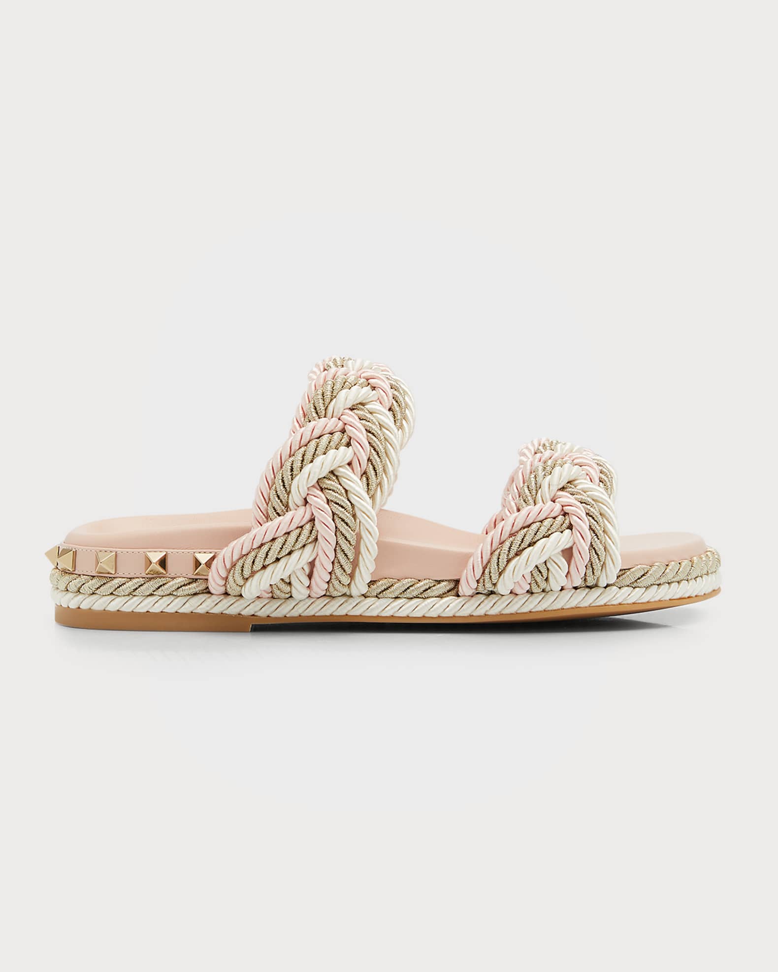 Beige and pink Valentino Garavani Rockstud Rope Slide Espadrille Sandals