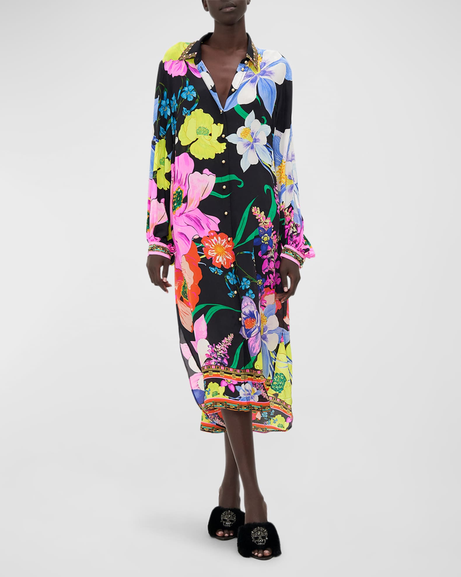 Camilla Belted High-Low Midi Silk Shirtdress | Neiman Marcus