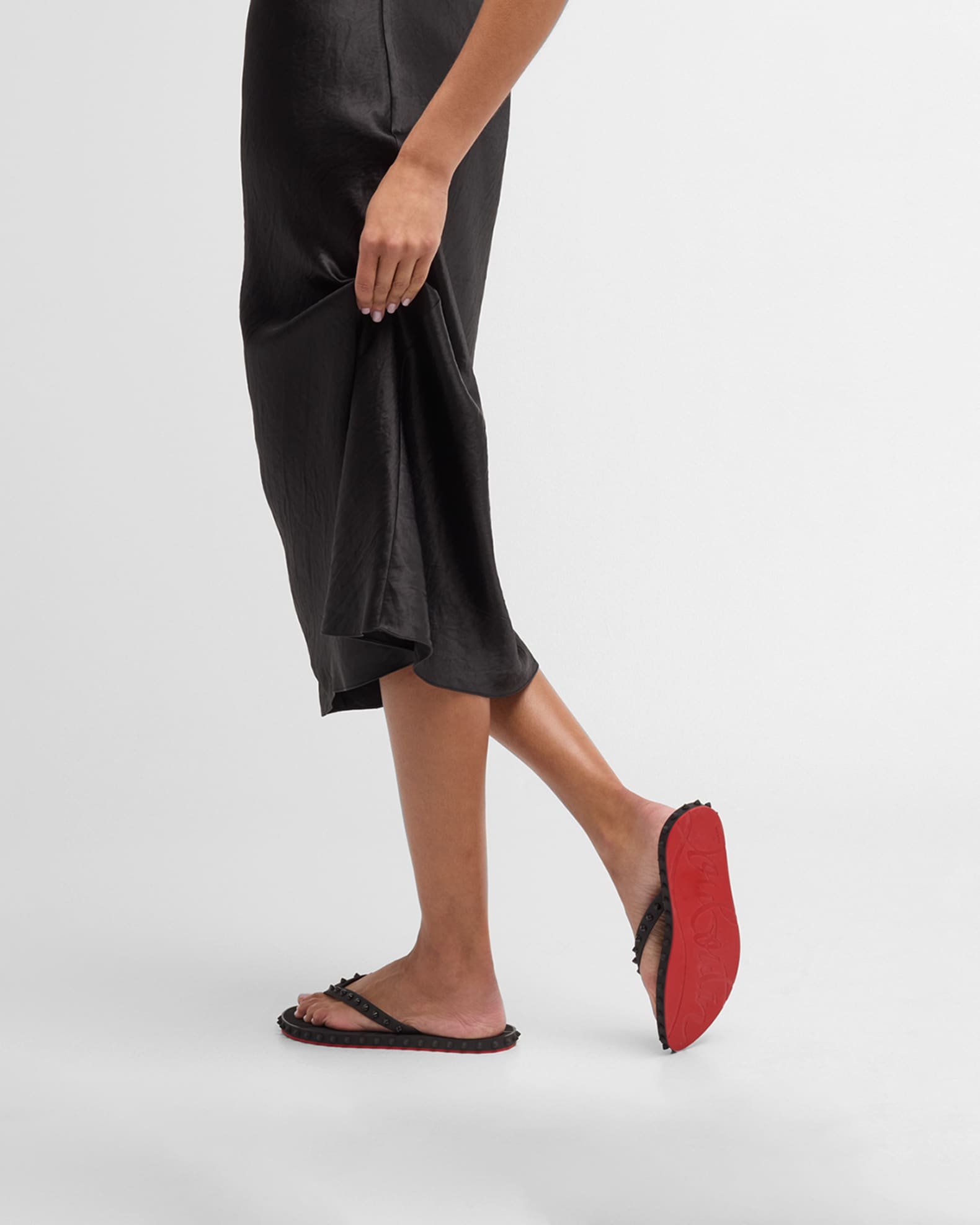 Christian Louboutin Loubi Donna Spike Red Sole Flip Flops Black