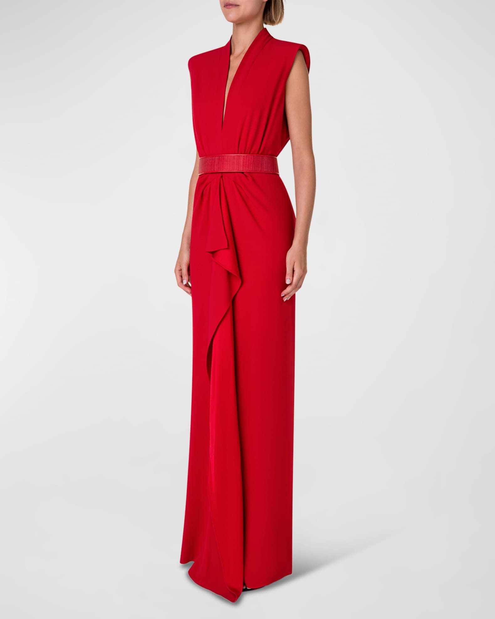 Akris Belted Crepe Gown with Ruffle Front Detail | Neiman Marcus