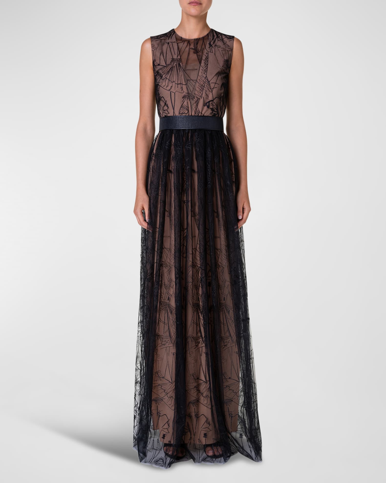 Akris Belted Tulle Gown with Croquis Embroidered Details | Neiman Marcus