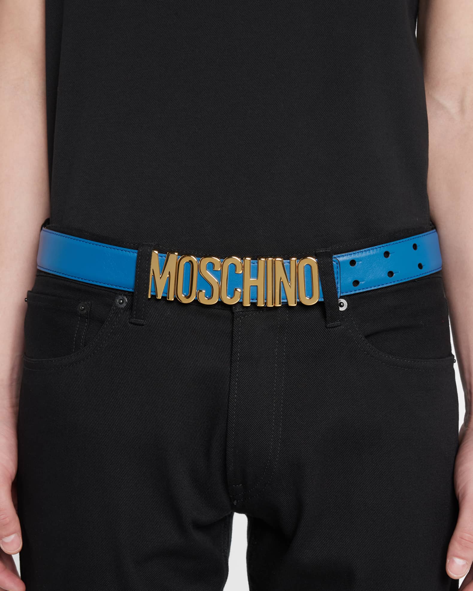 Moschino Men's Metal Logo Leather Belt | Neiman Marcus