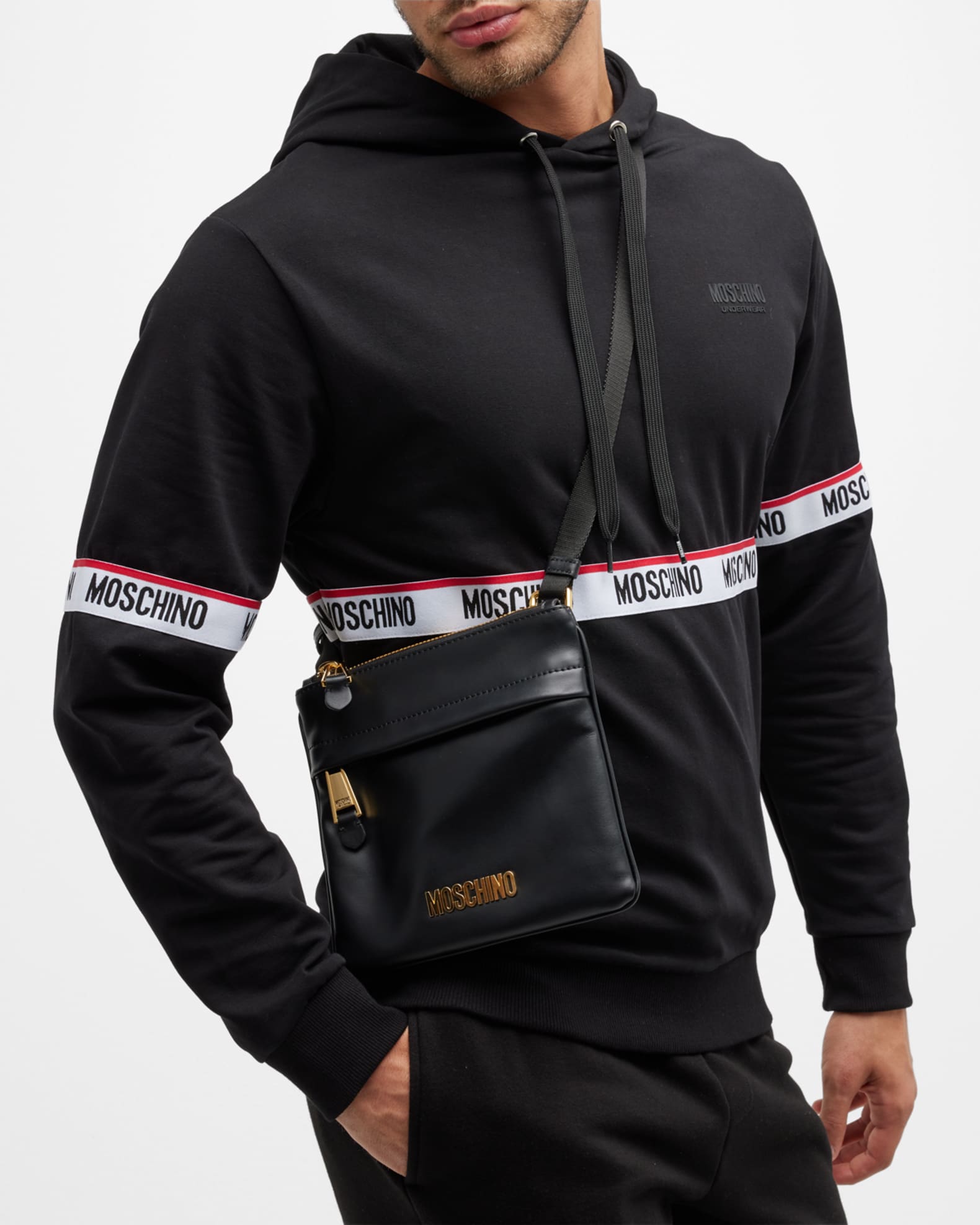 Moschino Men's Leather Crossbody Bag with Metal Logo