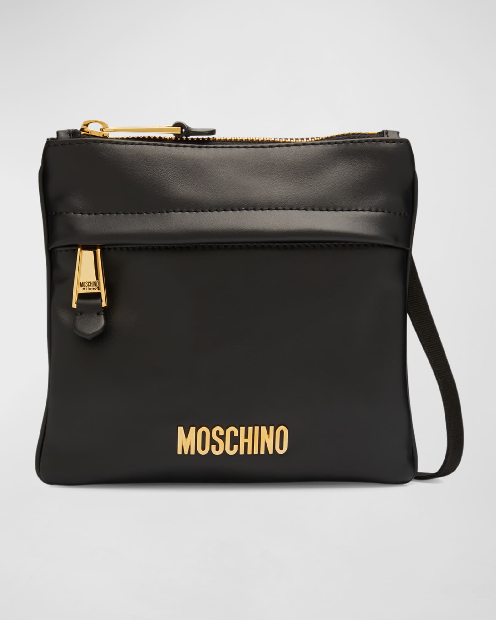 Moschino Men s Leather Crossbody Bag with Metal Logo Neiman Marcus