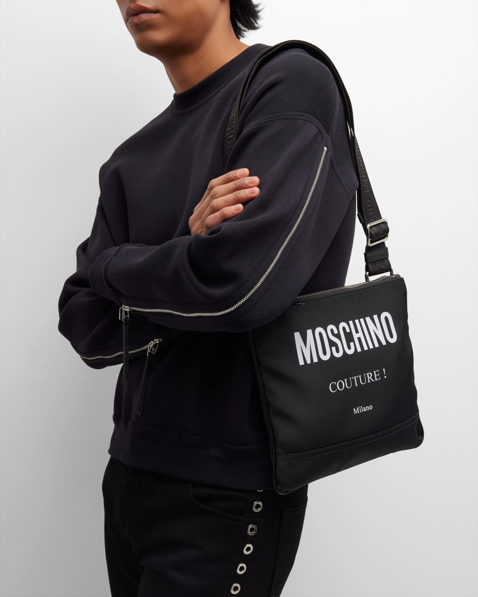 Moschino Men's Canvas Logo Shoulder Bag | Neiman Marcus