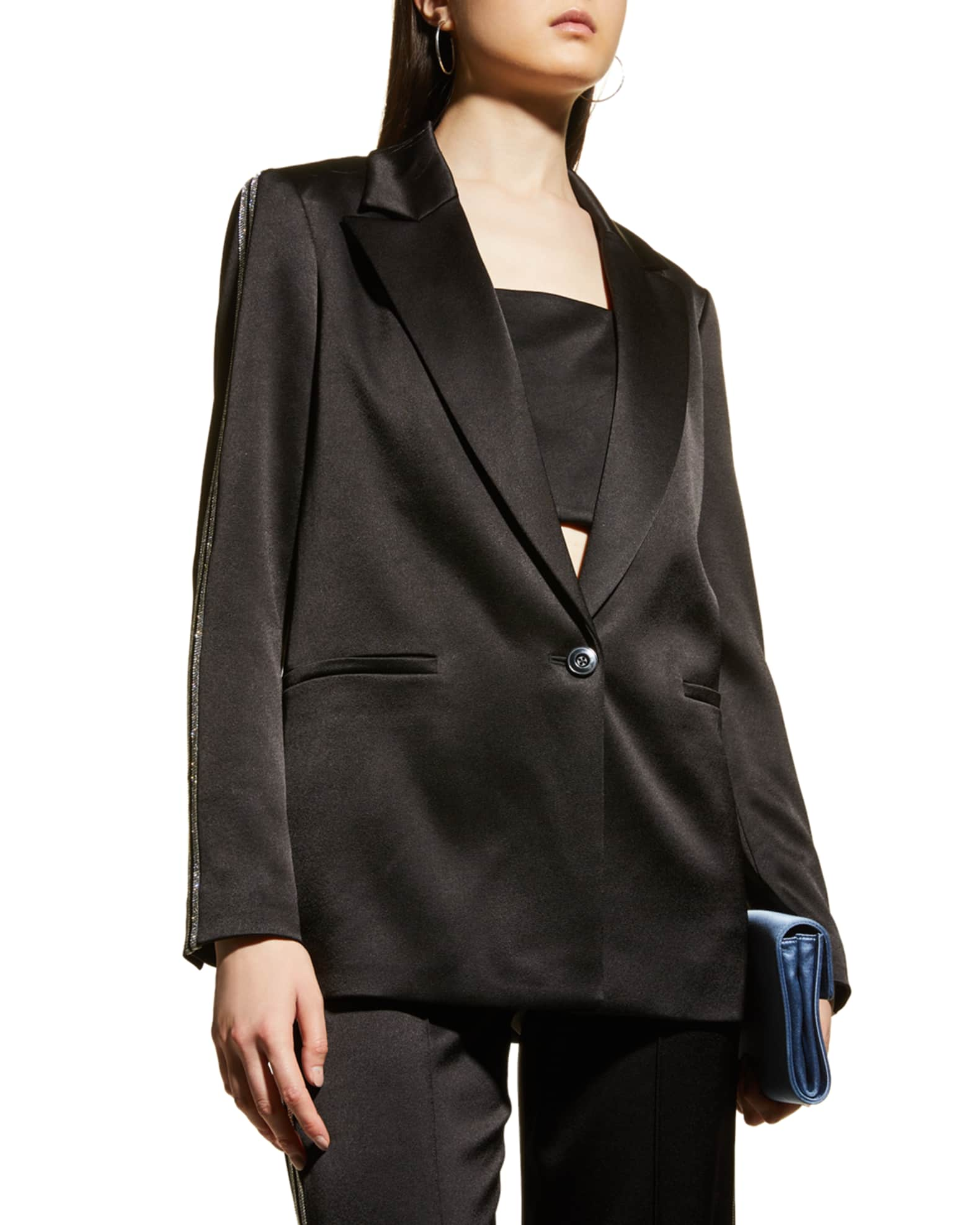 Alice + Olivia Denny Satin Boyfriend Blazer with Crystal Trim | Neiman ...