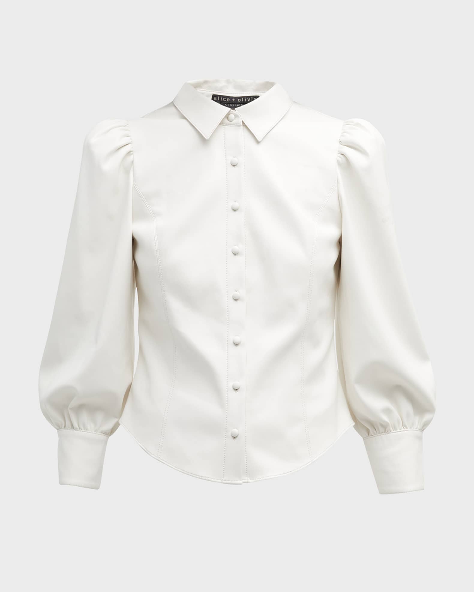 Alice + Olivia Nadine Puff-Sleeve Vegan Leather Blouse | Neiman Marcus