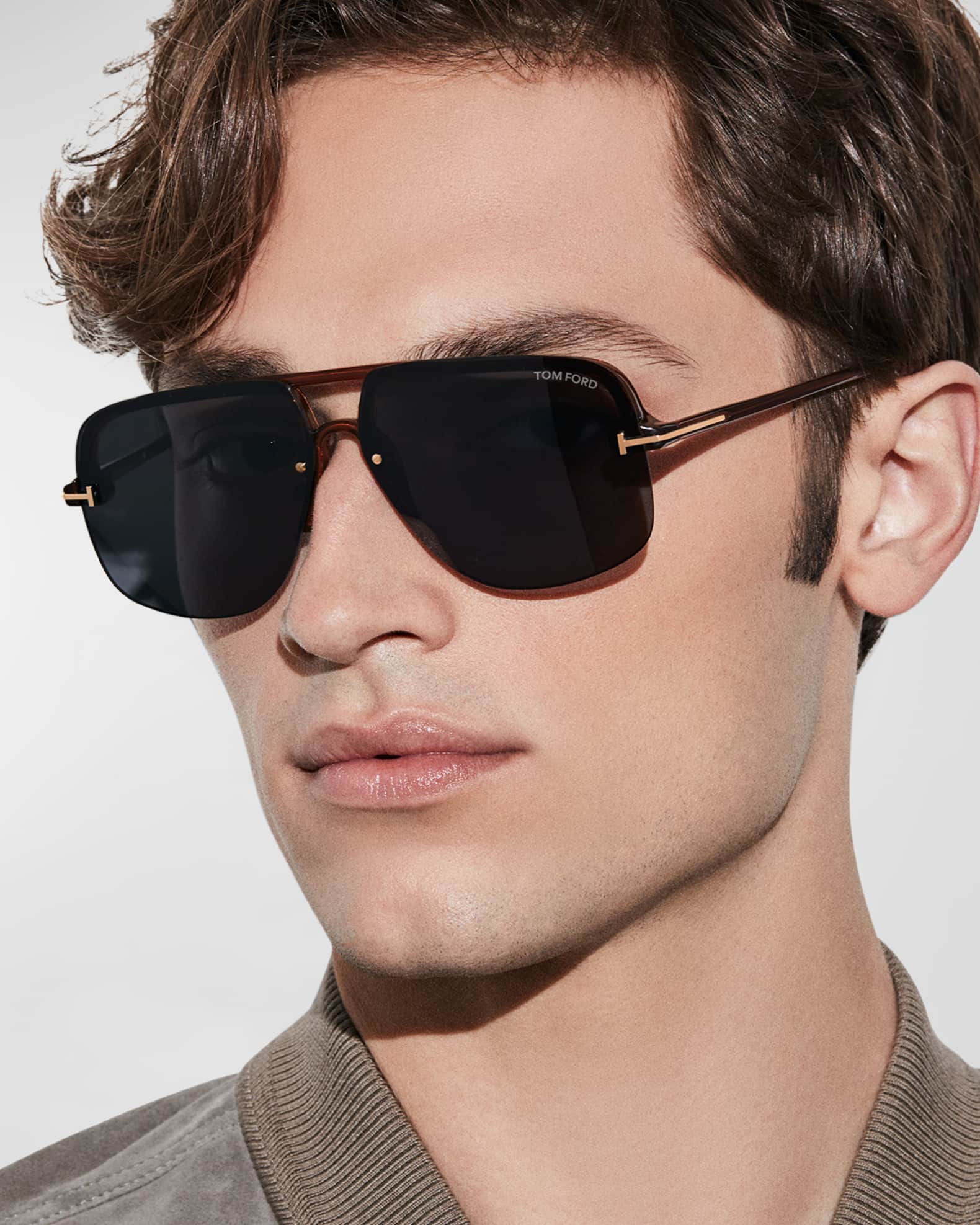 TOM FORD Men's Hugo HalfRim TLogo Sunglasses Neiman Marcus