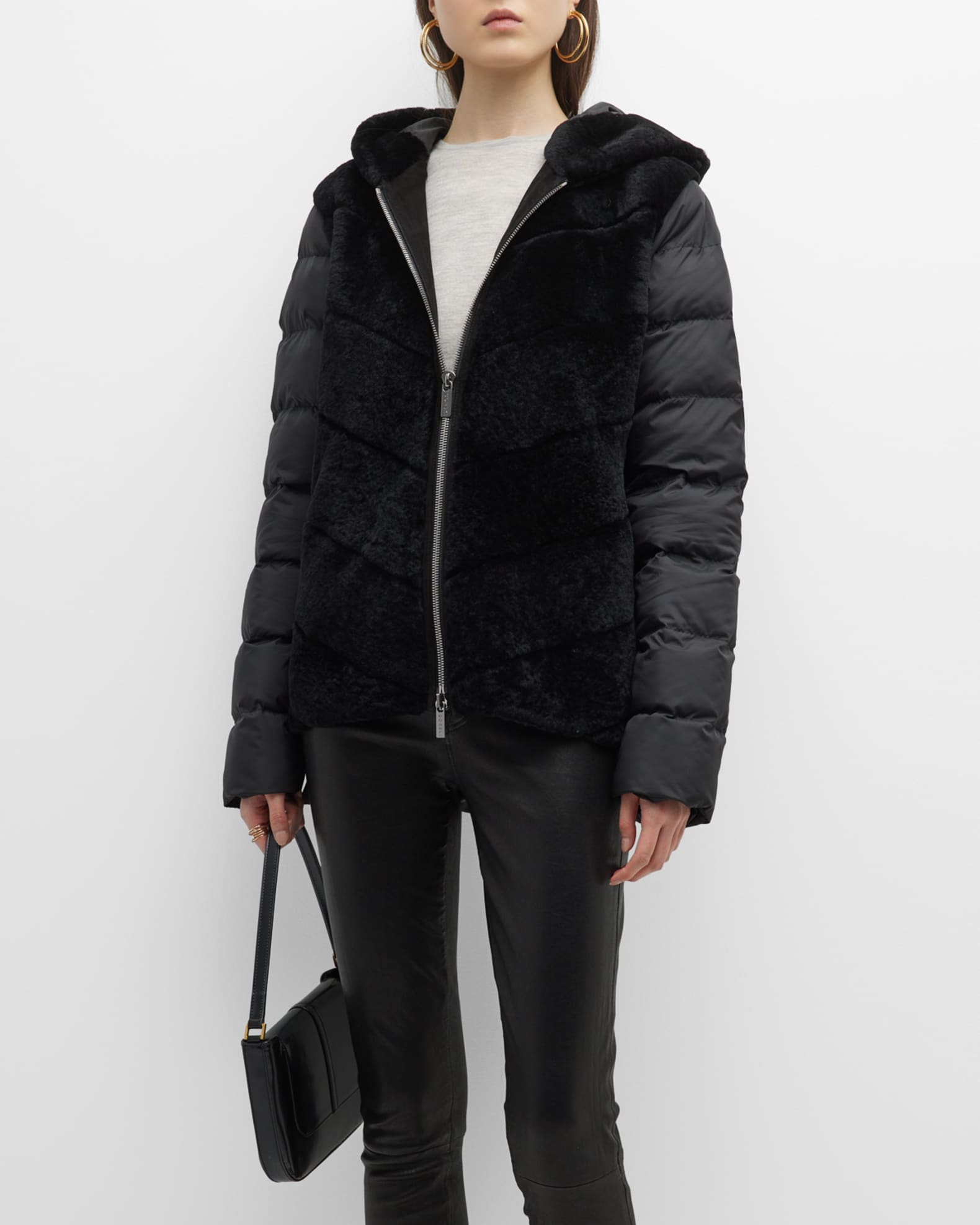 Chevron Lamb Shearling Parka w/ Quilted Sleeves And Back 1