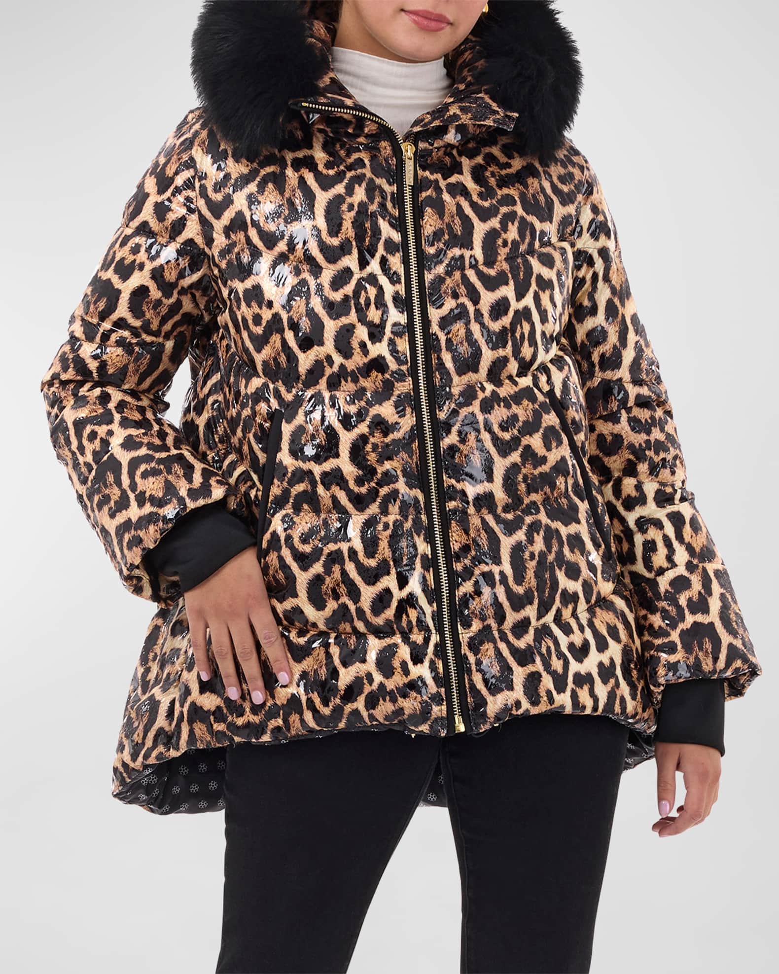 Apres-Ski Shiny Animal-Print Jacket w/ Detachable Lamb Shearling Trim 1