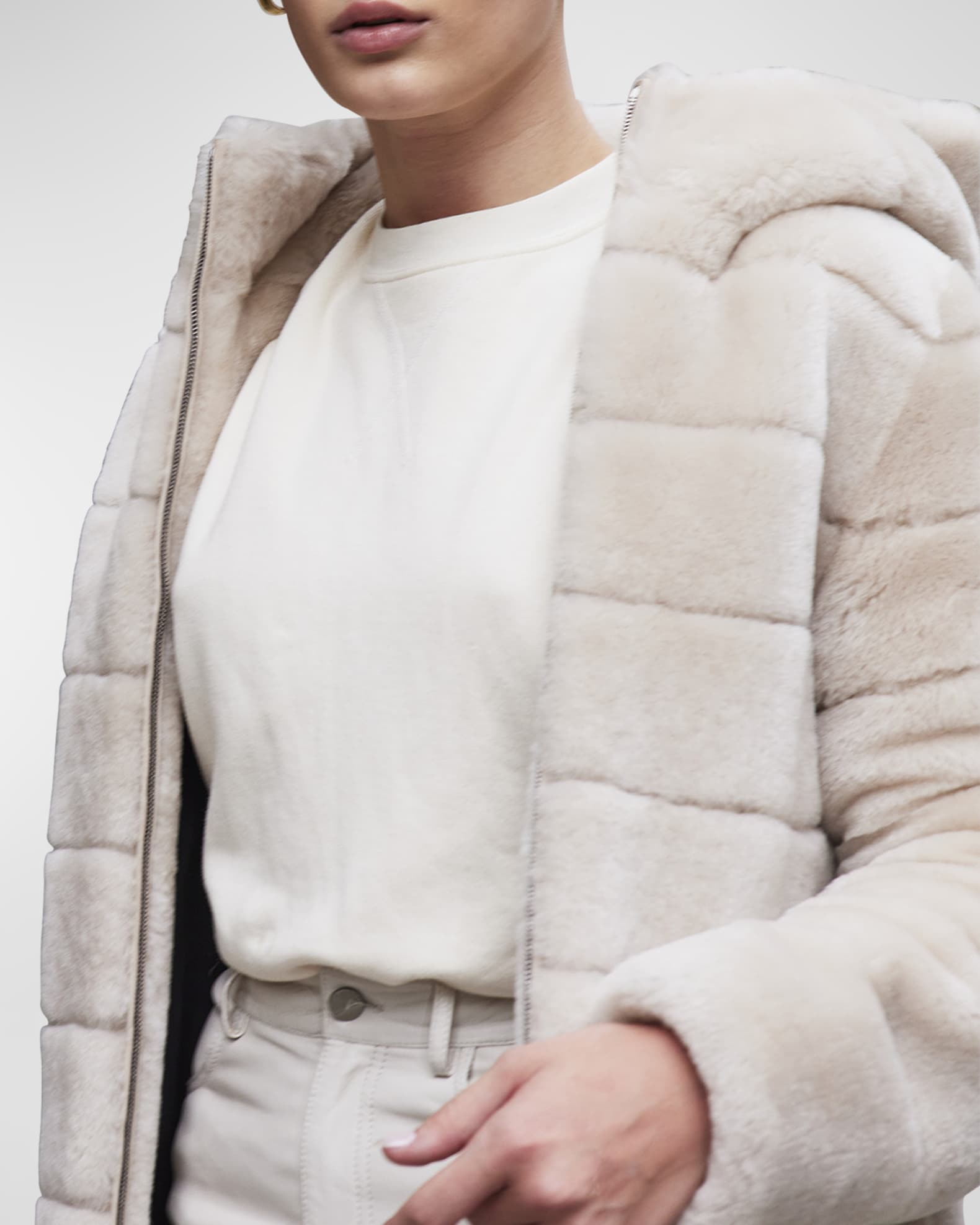 Gorski Hooded Horizontal Lamb Shearling Jacket | Neiman Marcus