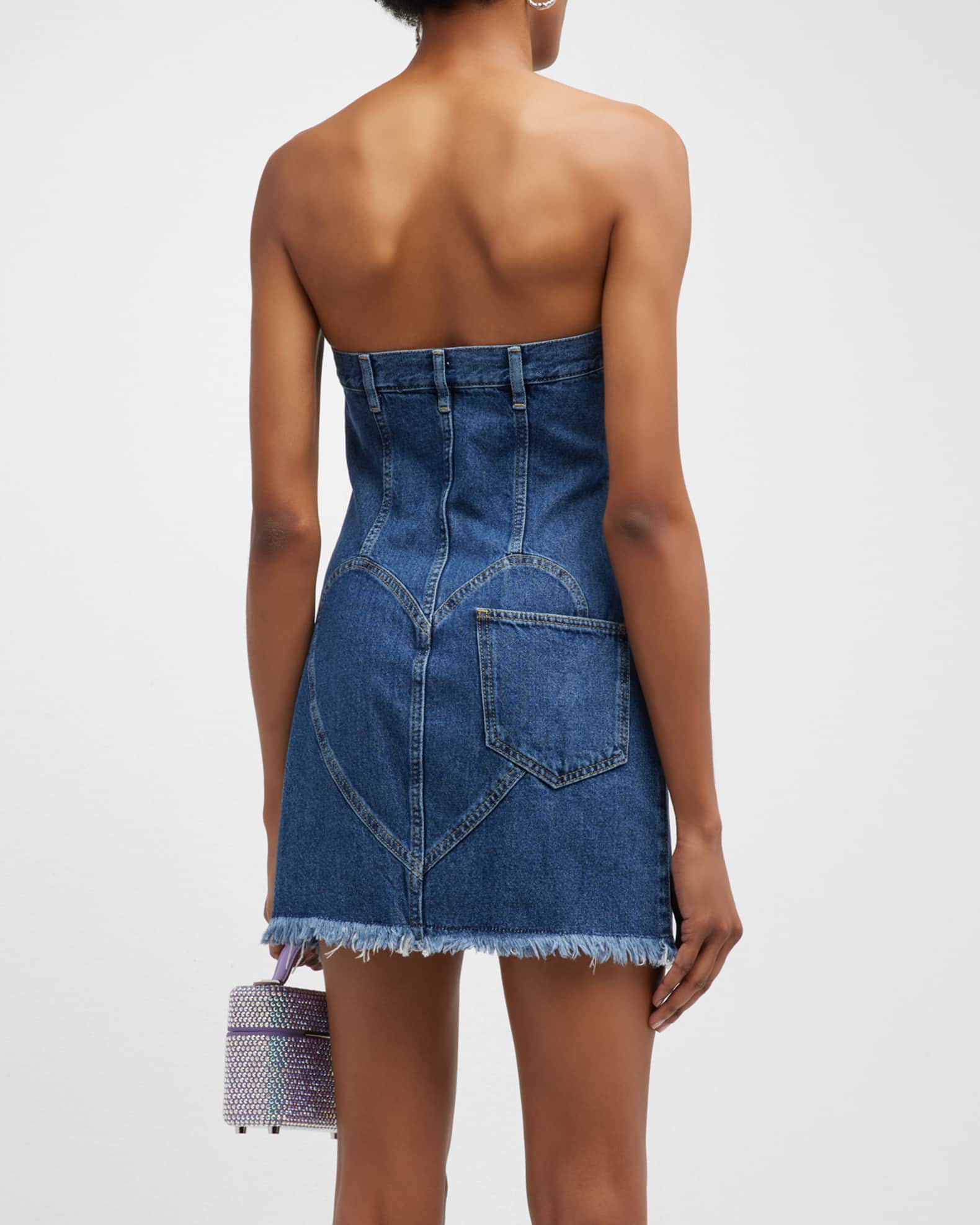 AREA Strapless Denim Mini Dress with Mussel Flower Detail | Neiman Marcus