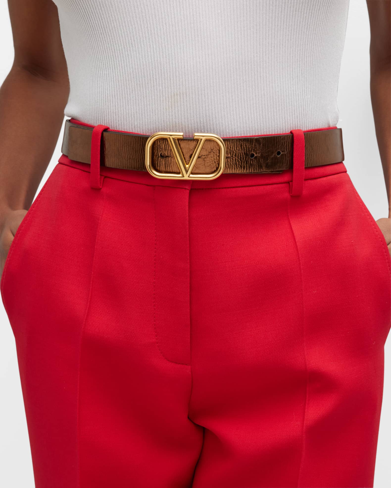 Valentino Garavani Metallic Crinkled Leather VLogo Belt Neiman Marcus
