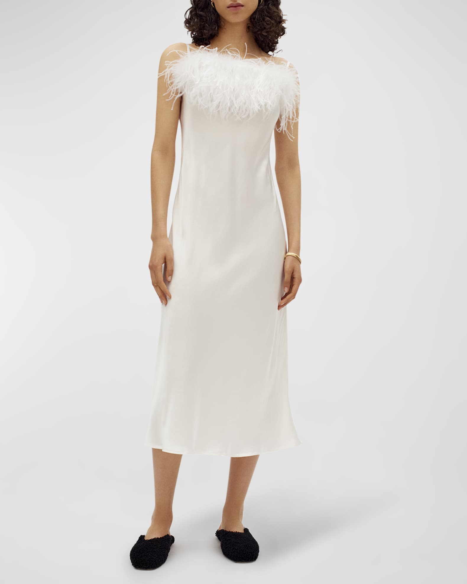White Silk Slip Midi Dress for Women With Ostrich Feathers Straps