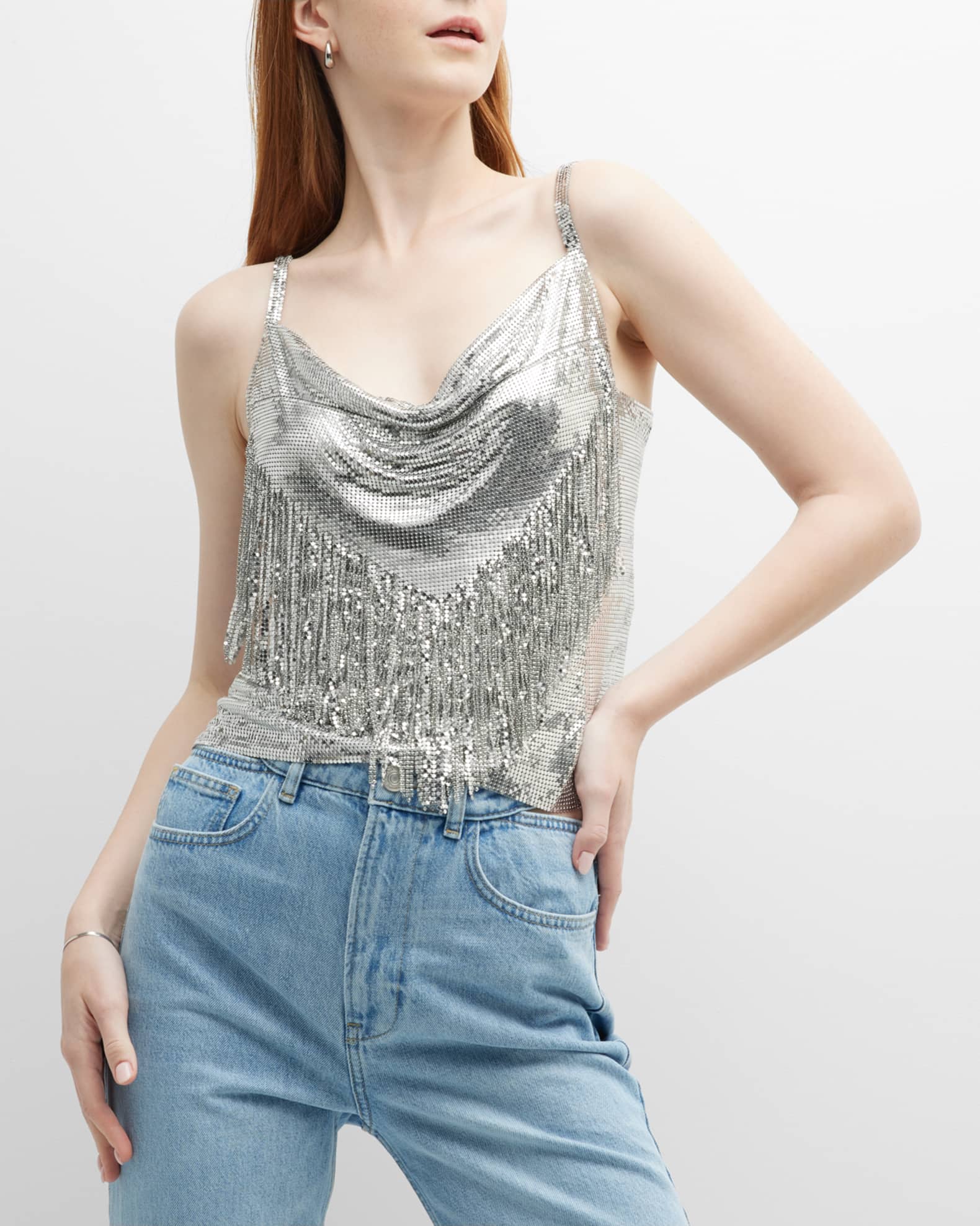 Rabanne Cowl-Neck Fringe Chainmail Tank Top | Neiman Marcus