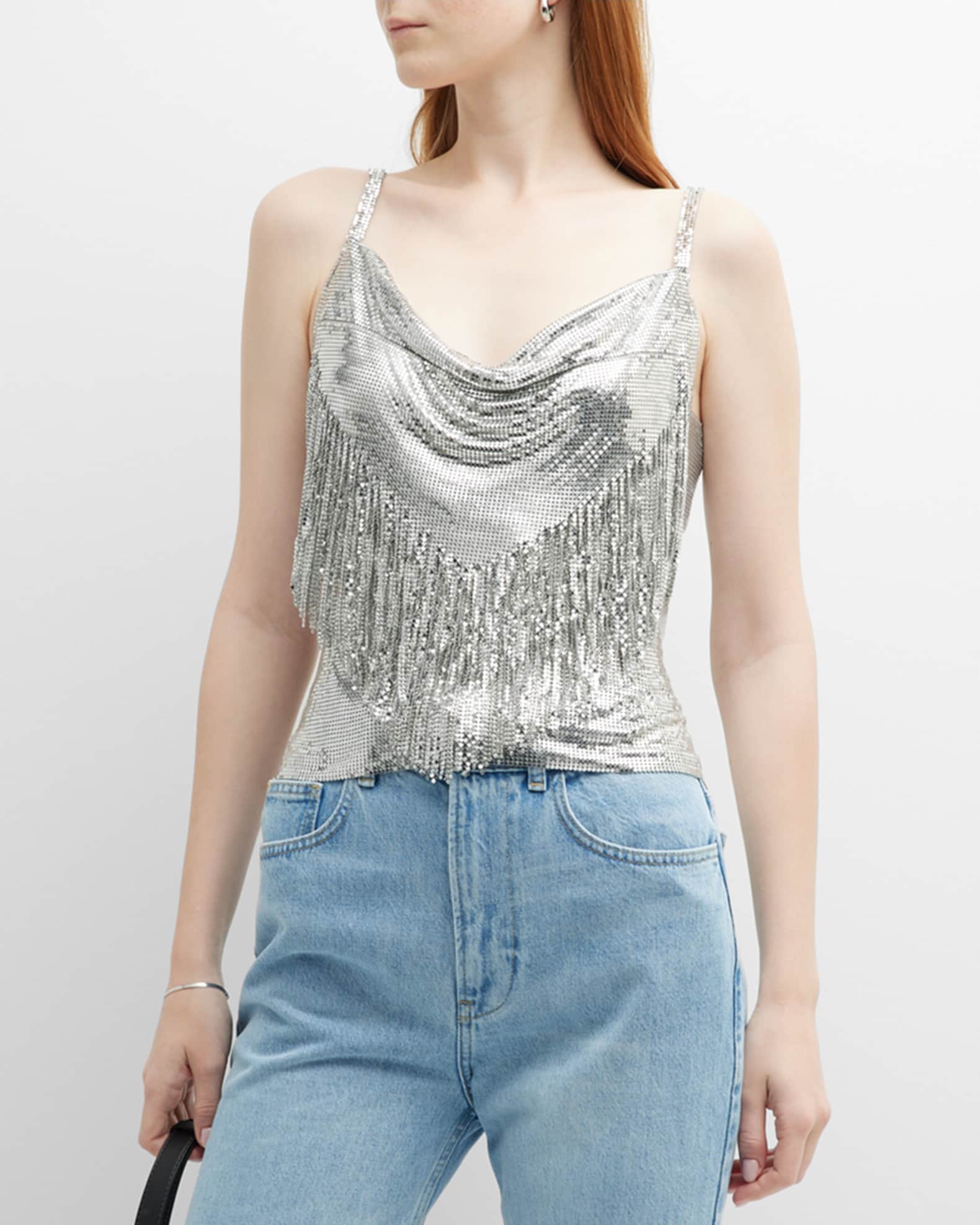Rabanne Cowl-Neck Fringe Chainmail Tank Top, Silver, Women's, 4, Shirts Tops Blouses Tank Tops Sleeveless Tees