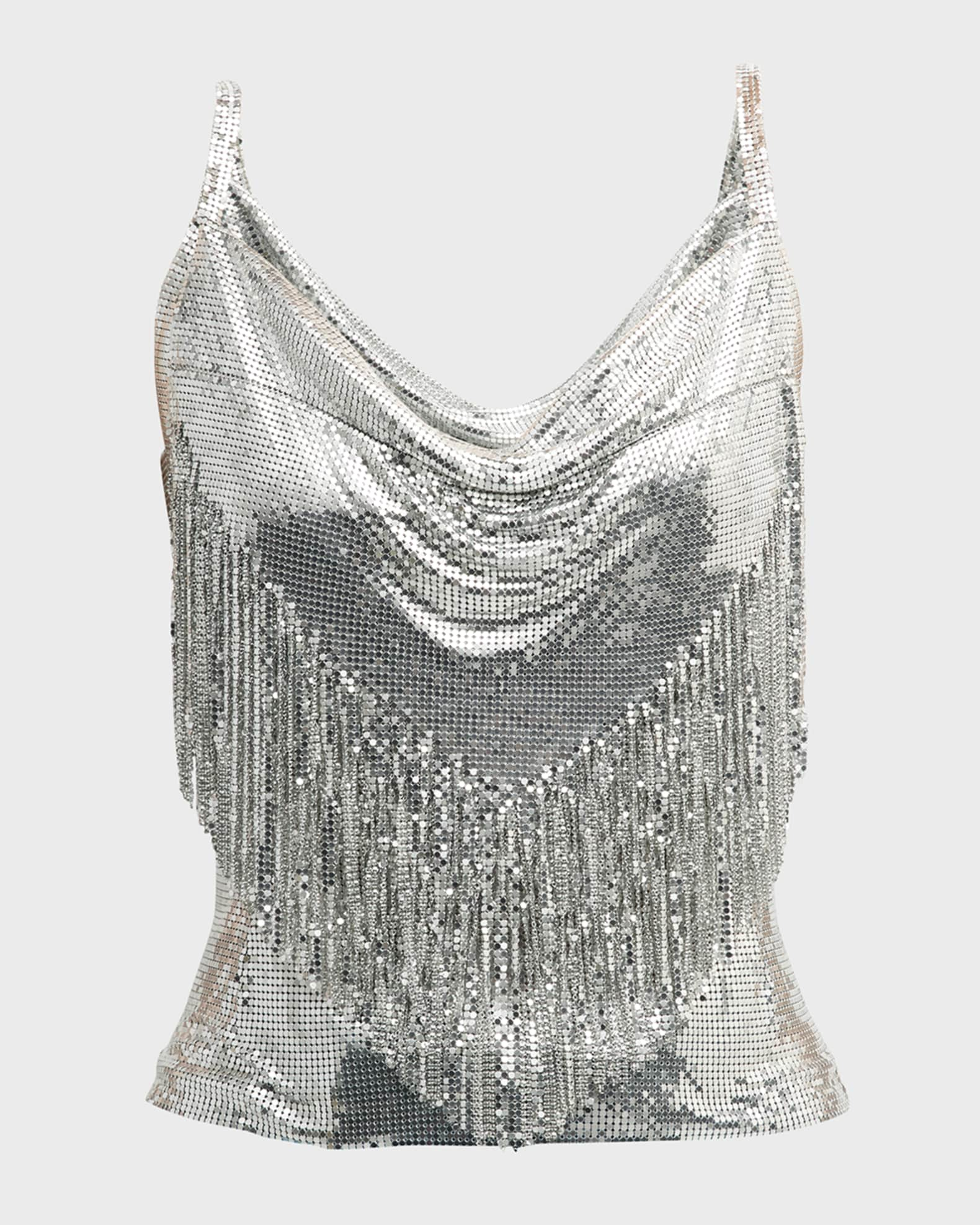 Rabanne Cowl-Neck Fringe Chainmail Tank Top, Silver, Women's, 4, Shirts Tops Blouses Tank Tops Sleeveless Tees