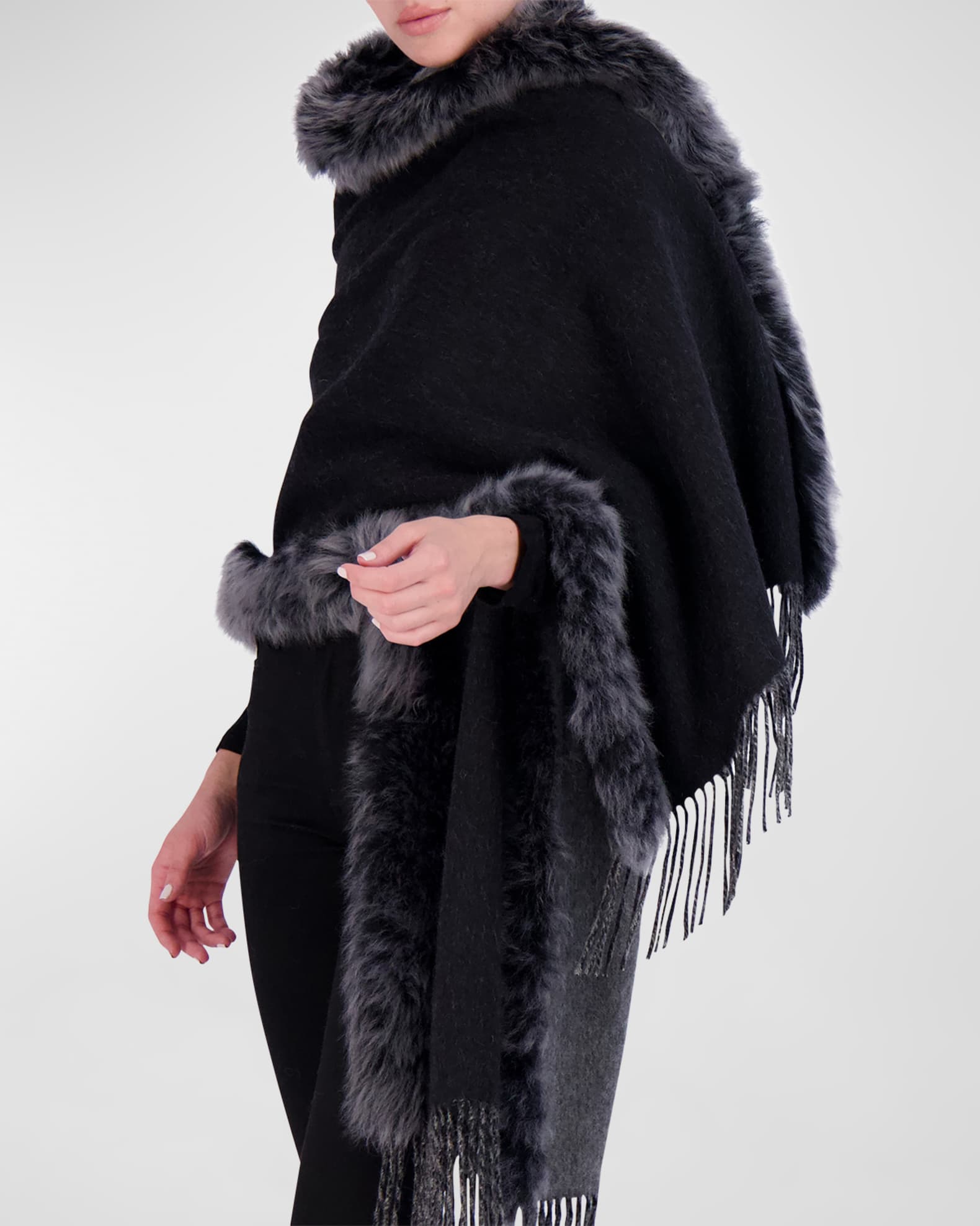 Toscana Lamb Shearling-Trim Fringe Cashmere Stole 0