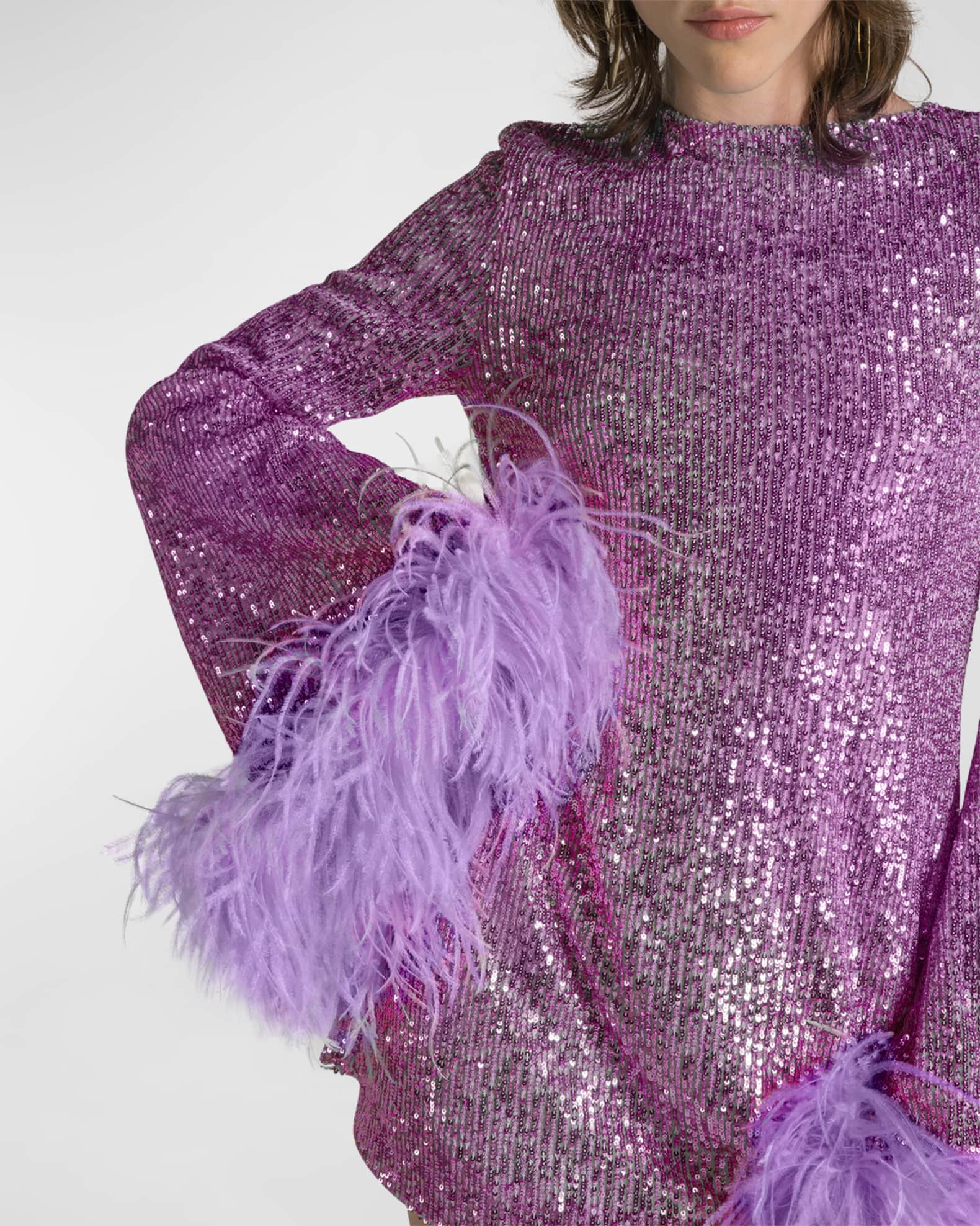 NERVI Penelope Flare-Sleeve Sequin Mini Shift Dress w/ Feather Trim ...