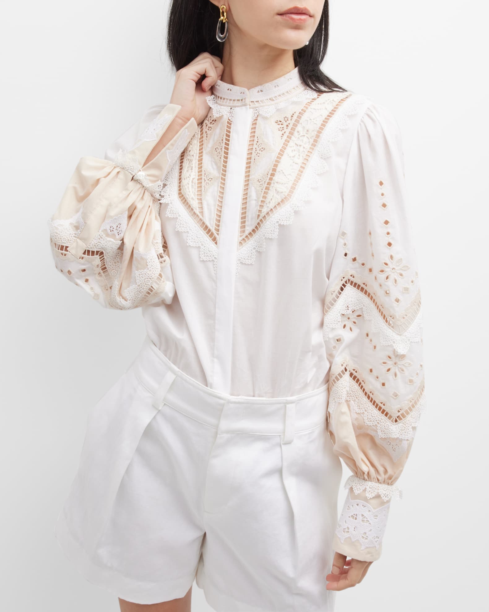 Kobi Halperin Skylar Embroidered Lace-Trim Cutout Blouse | Neiman Marcus