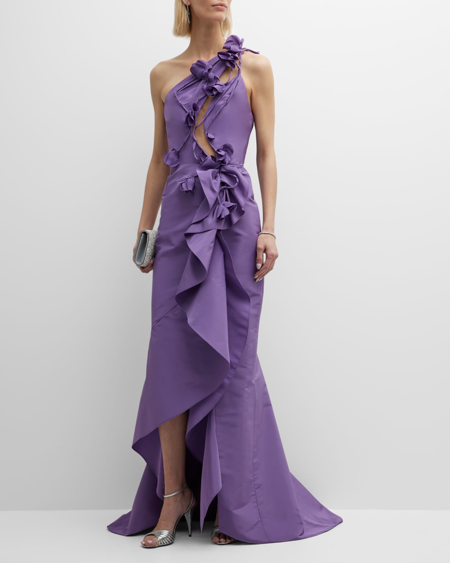 Marchesa Floral-Applique Cutout One-Shoulder Ruffle-Slit Gown | Neiman ...