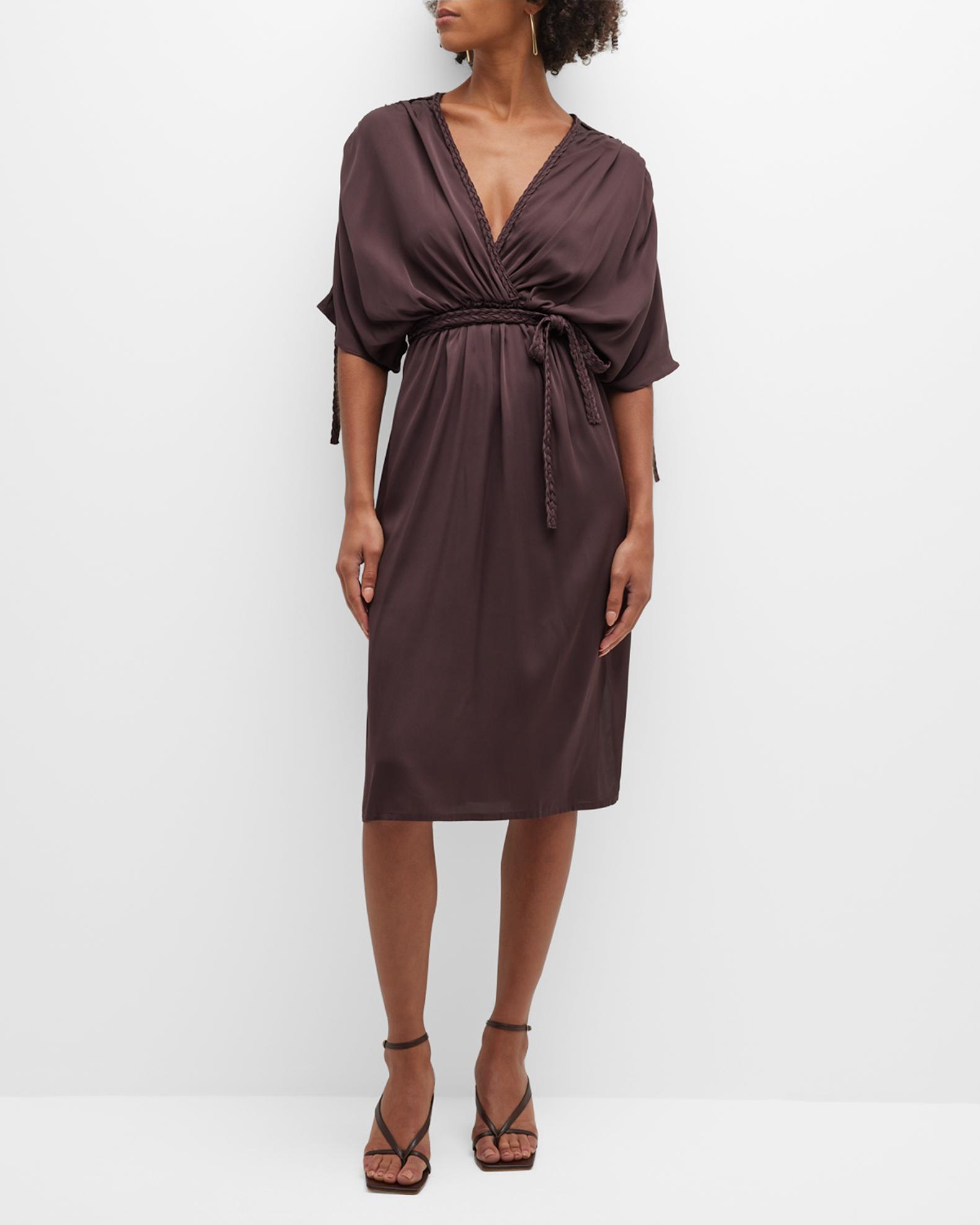 DOLAN Womens Black Pocketed Smocked Tie Split V-neck Decorative Trim Floral Dolman Sleeve Midi Wear To Work Fit + Flare Dress