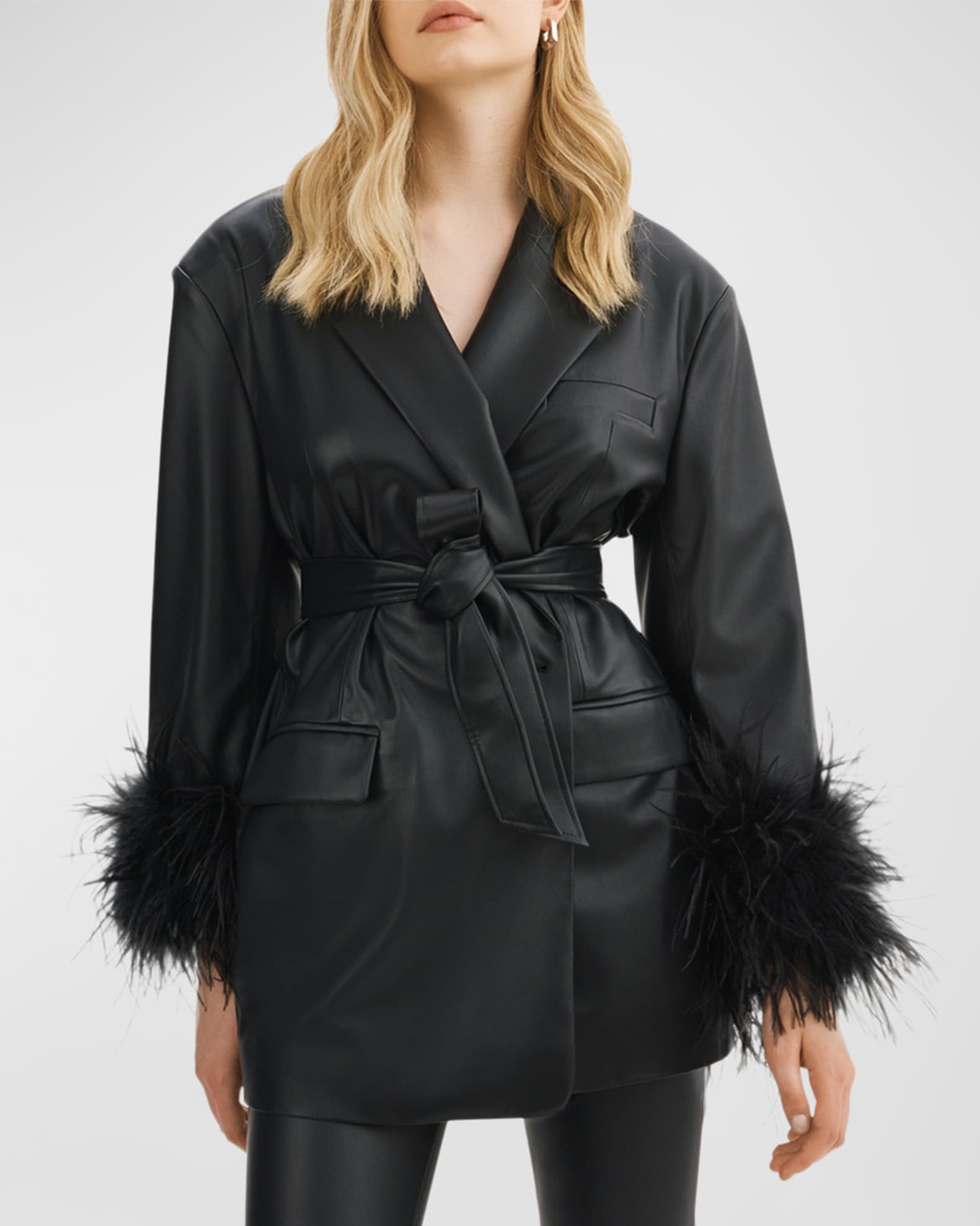 Galia Feather-Trim Belted Faux-Leather Blazer 0