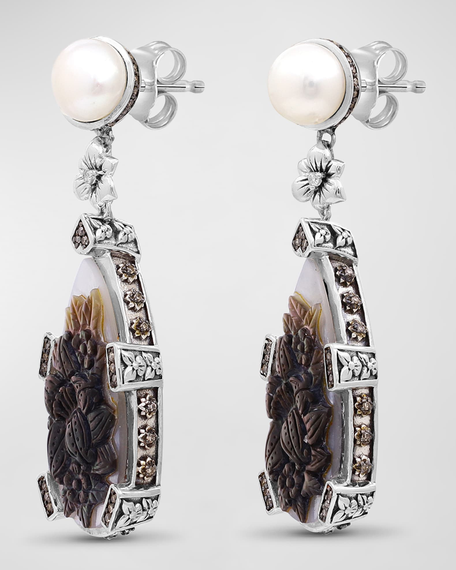 Mother-of-Pearl Earrings with Champagne Diamonds in Sterling Silver 1