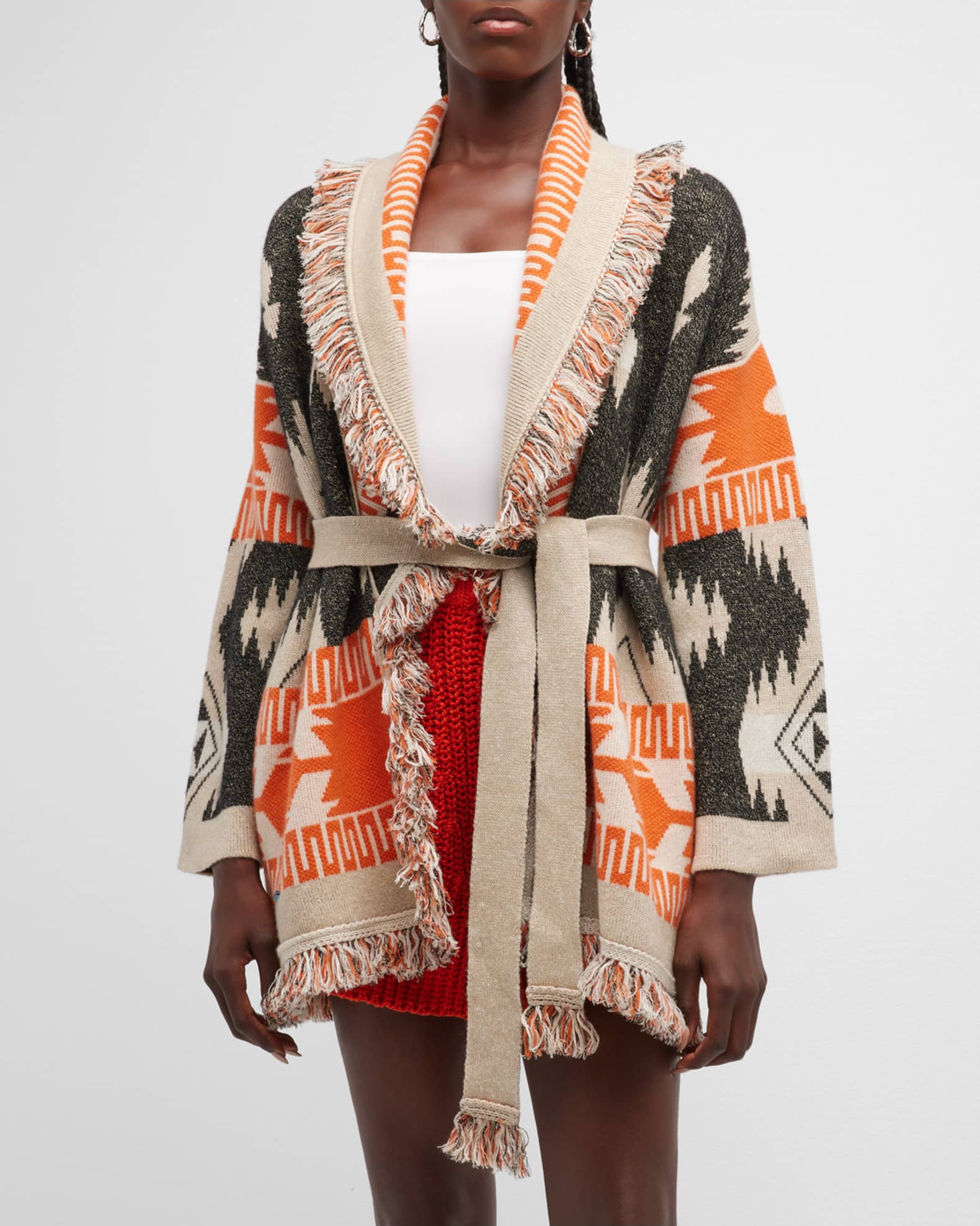Alanui Icon Clotted Cream Jacquard Knit Belted Cardigan | Neiman