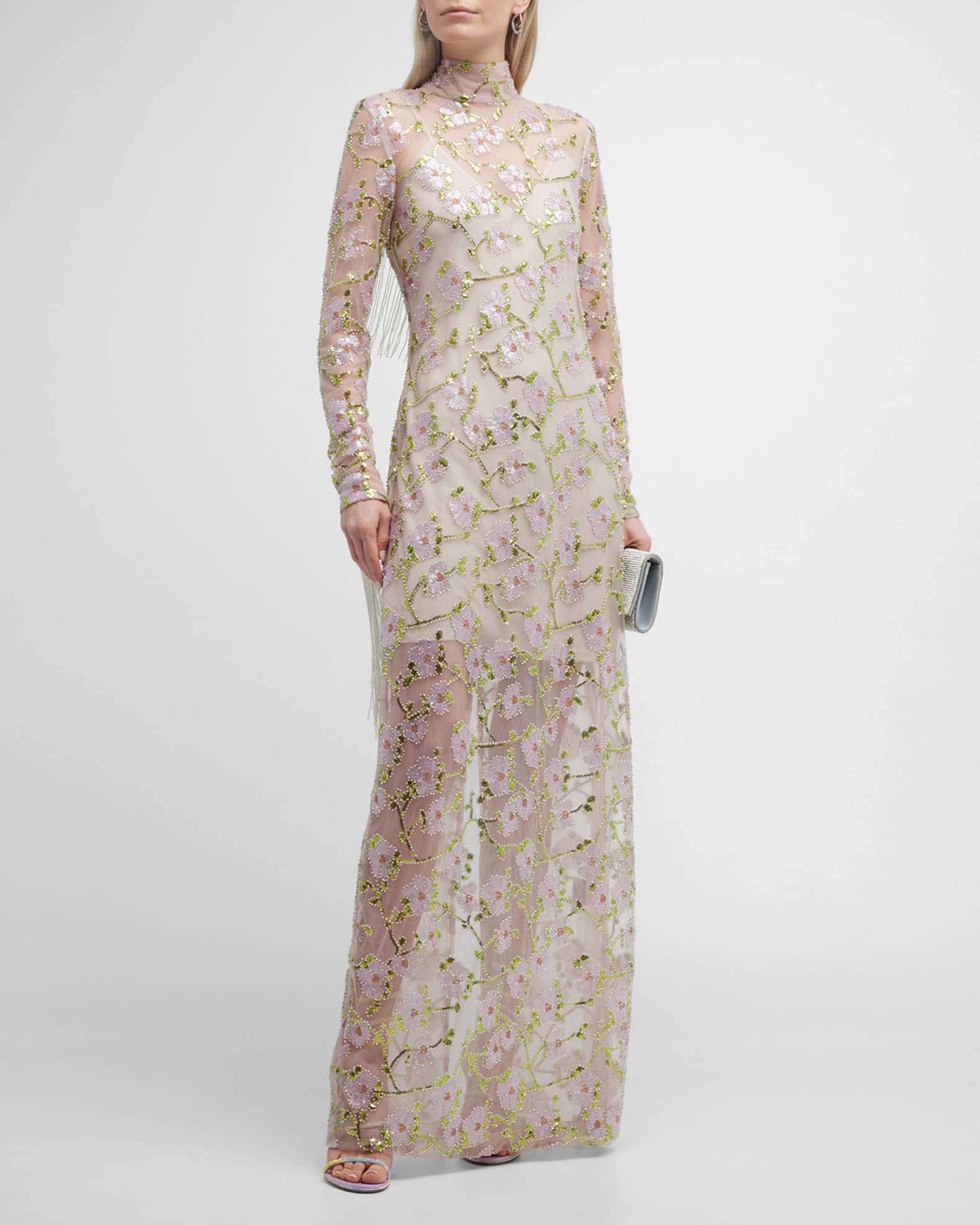 Rotate Birger Christensen Reba Flower Mesh Fringe Maxi Dress | Neiman ...