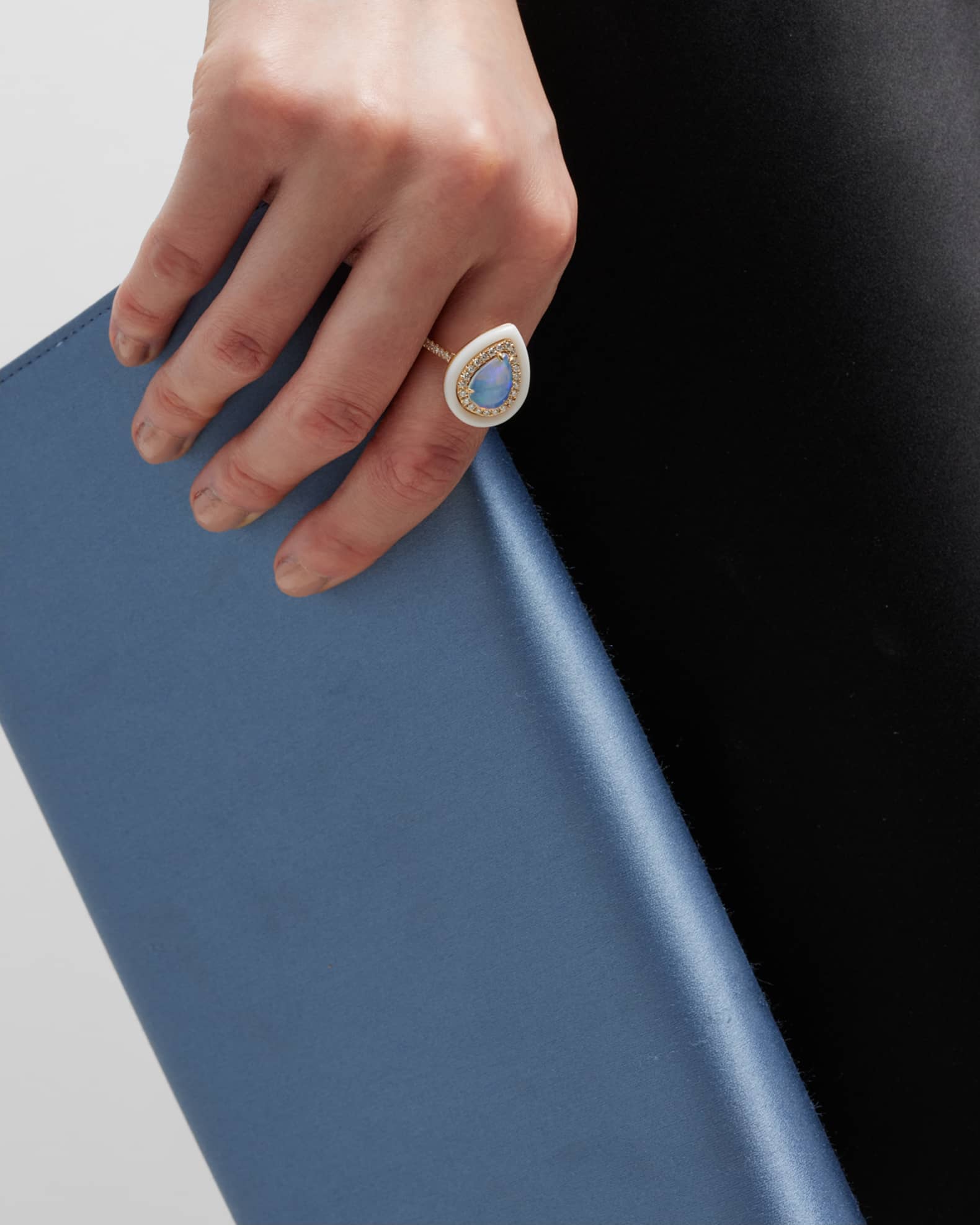 18K Yellow Gold Ring with Pear-Shape Opal, Diamonds and White Frame, 1.43tcw, Size 7 1