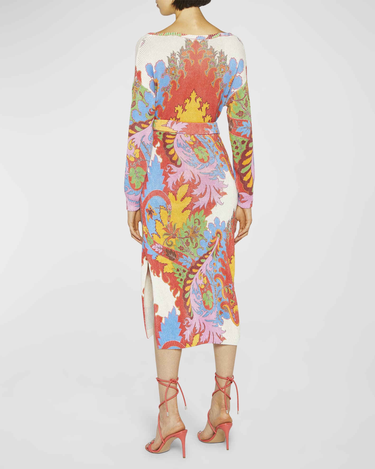 Etro Blooming Paisley Print Silk-Linen Knit Midi Skirt | Neiman Marcus