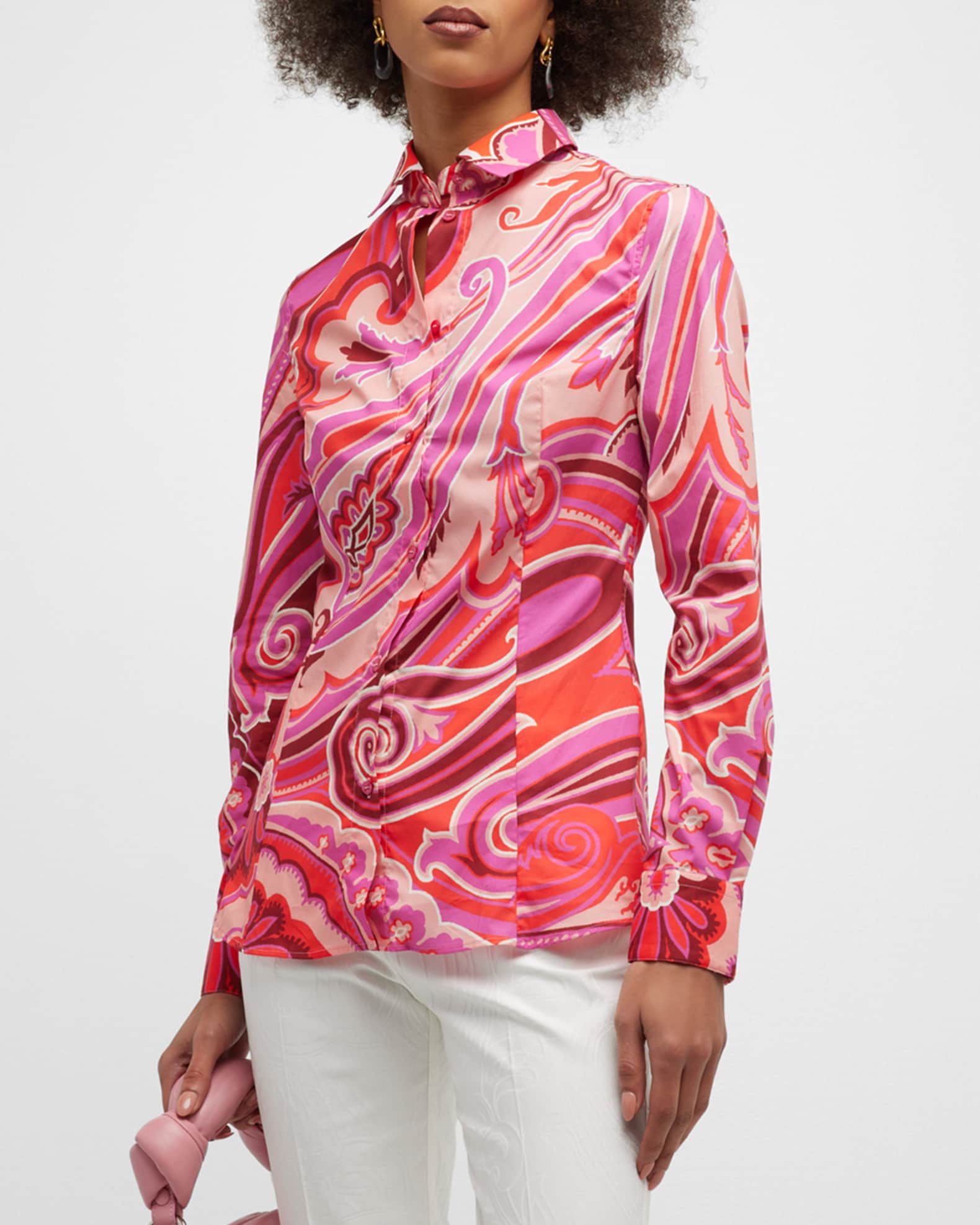 Etro Paisley Wave Geo-Print Cotton Collared Shirt | Neiman Marcus