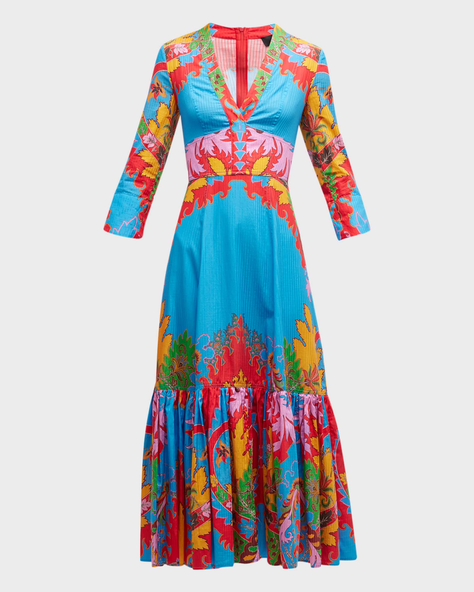 Etro Blooming FloralPrint VNeck Stripe Jacquard Midi Dress Neiman