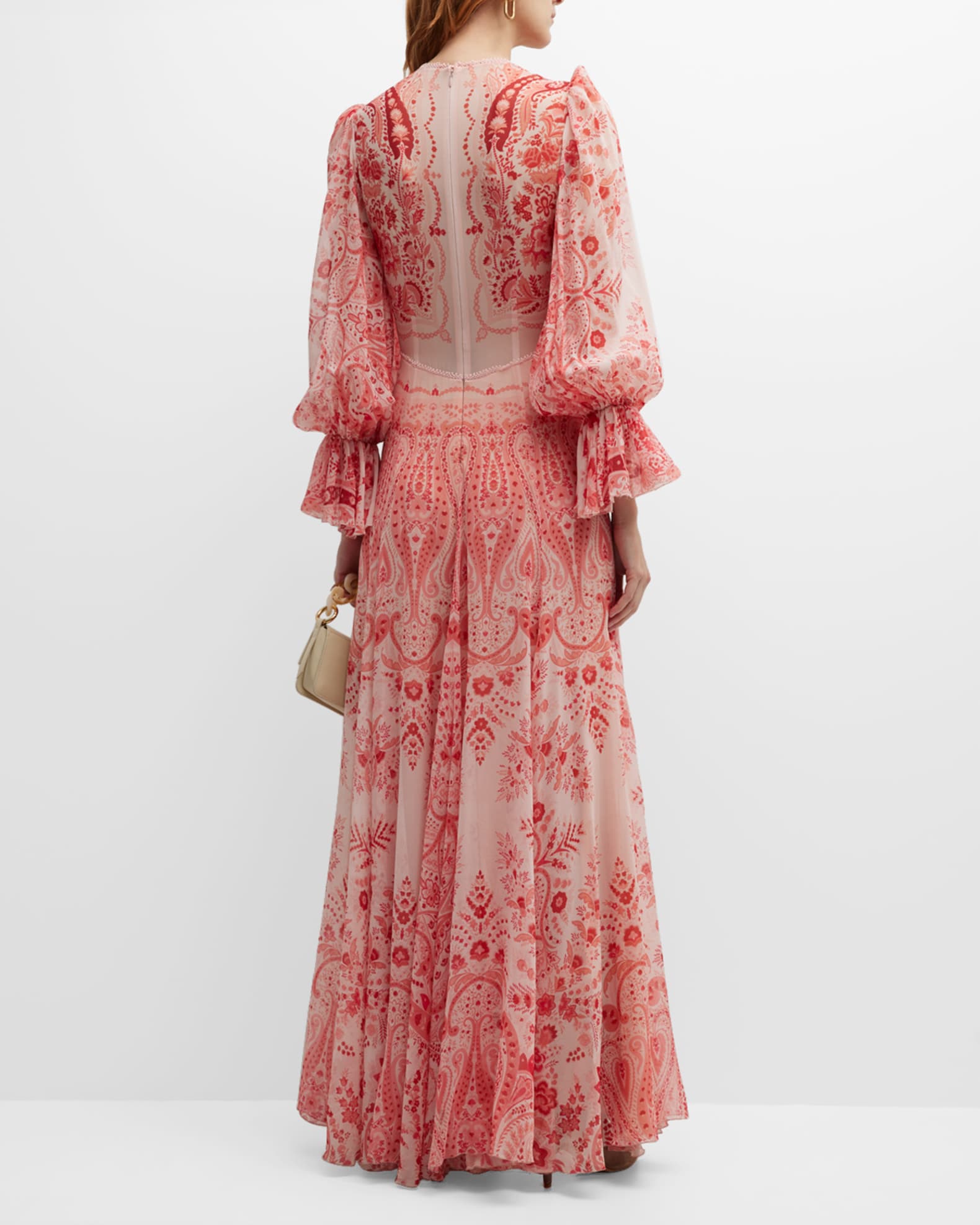 Etro Potpourri Paisley-Print Plunging Puff-Sleeve Boho Gown | Neiman Marcus