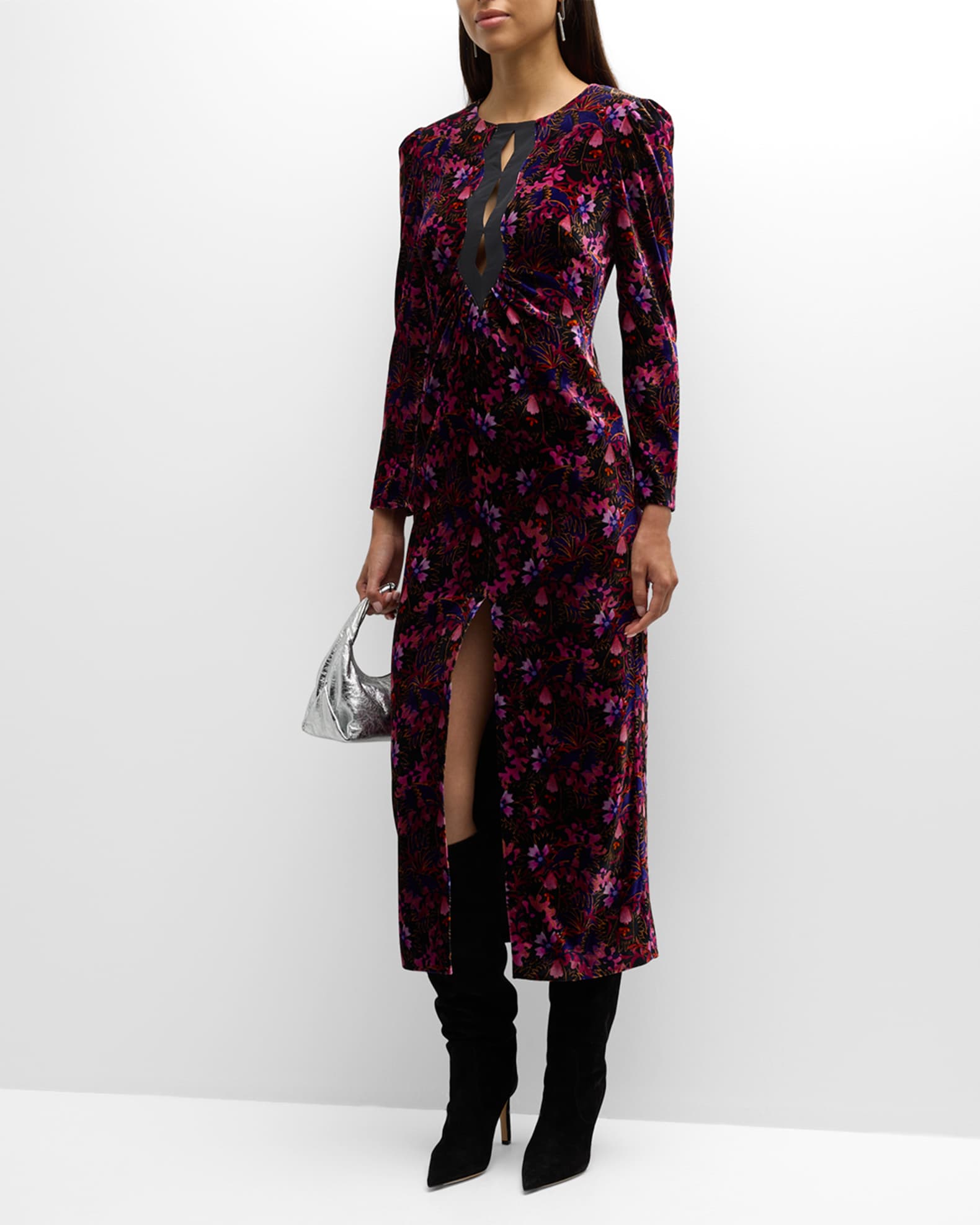 Saloni Jinx-C Velvet Cutout Midi Dress | Neiman Marcus