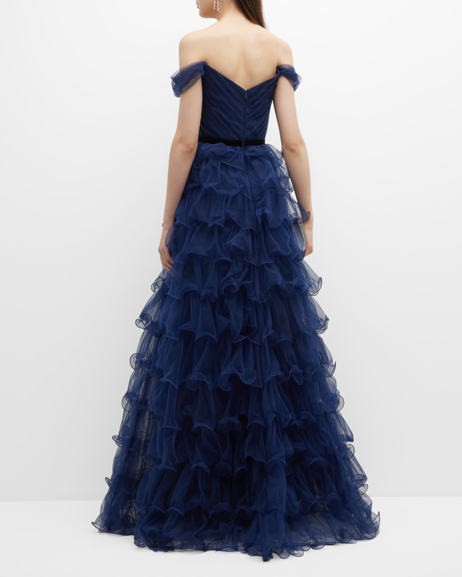 Marchesa Notte Off-Shoulder Pleated Ruffle Tulle Gown | Neiman Marcus