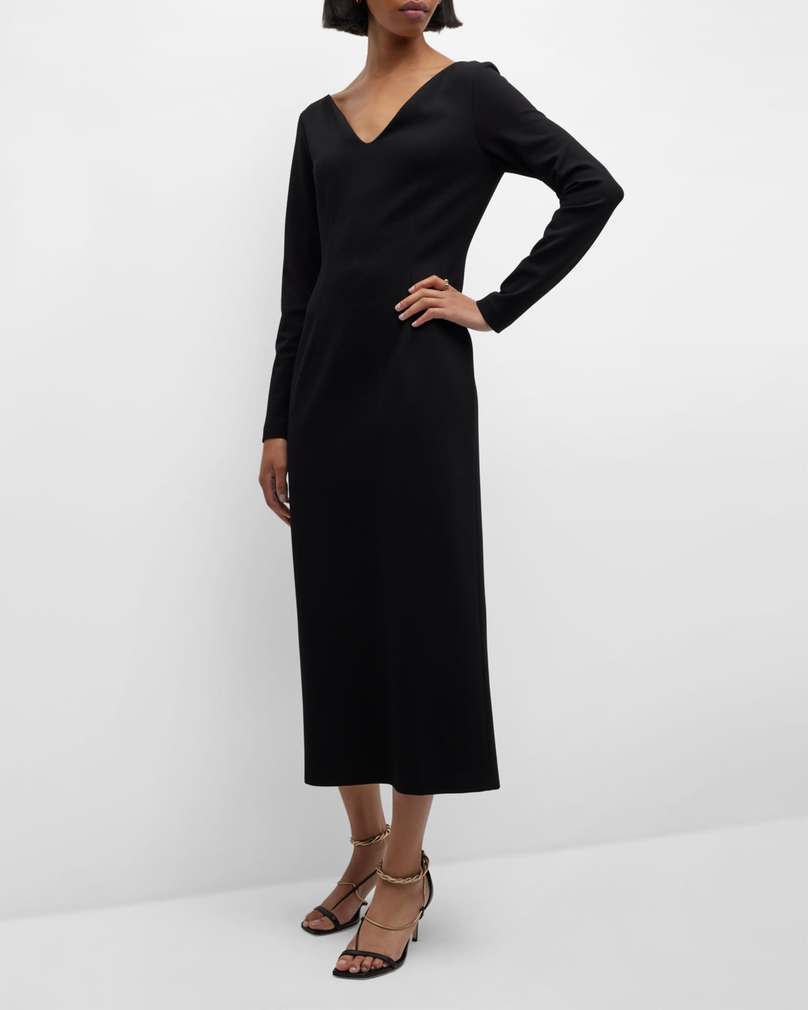 Lafayette 148 New York Long-Sleeve V-Neck Midi Dress | Neiman Marcus