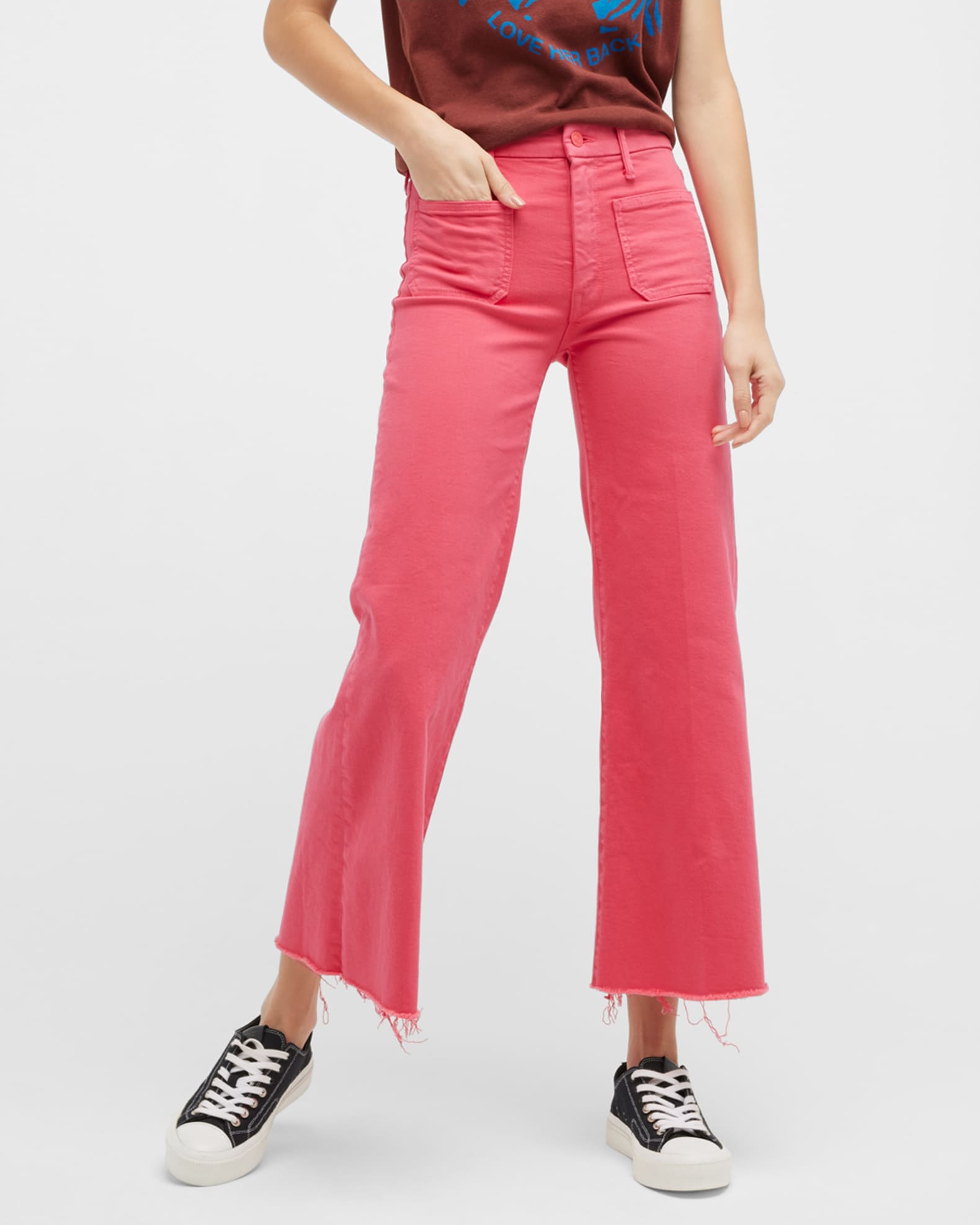 MOTHER Patch Pocket Roller Ankle Fray Wide-Leg Jeans | Neiman Marcus