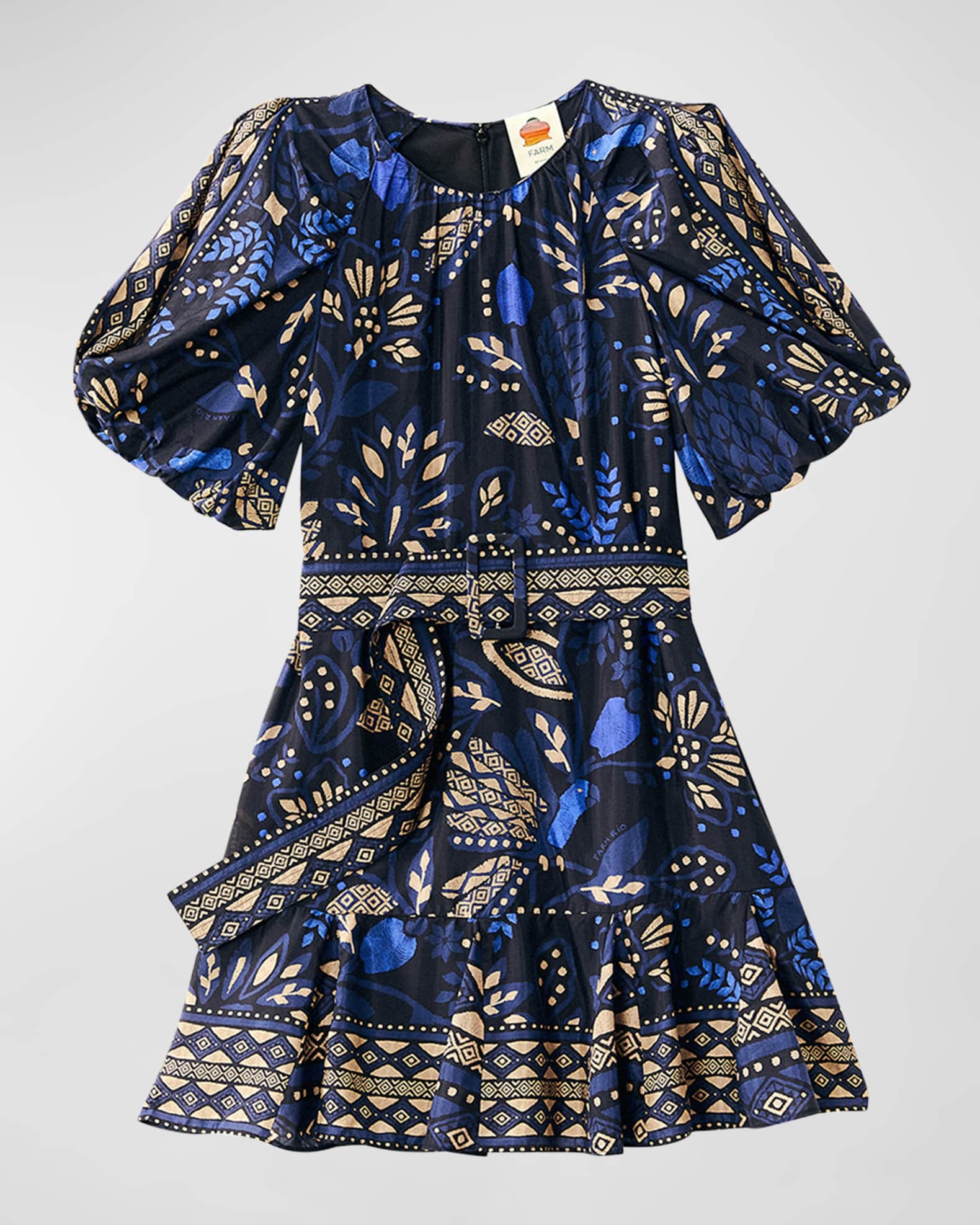 Farm Rio Macaw Forest Balloon-Sleeve Belted Mini Dress | Neiman Marcus