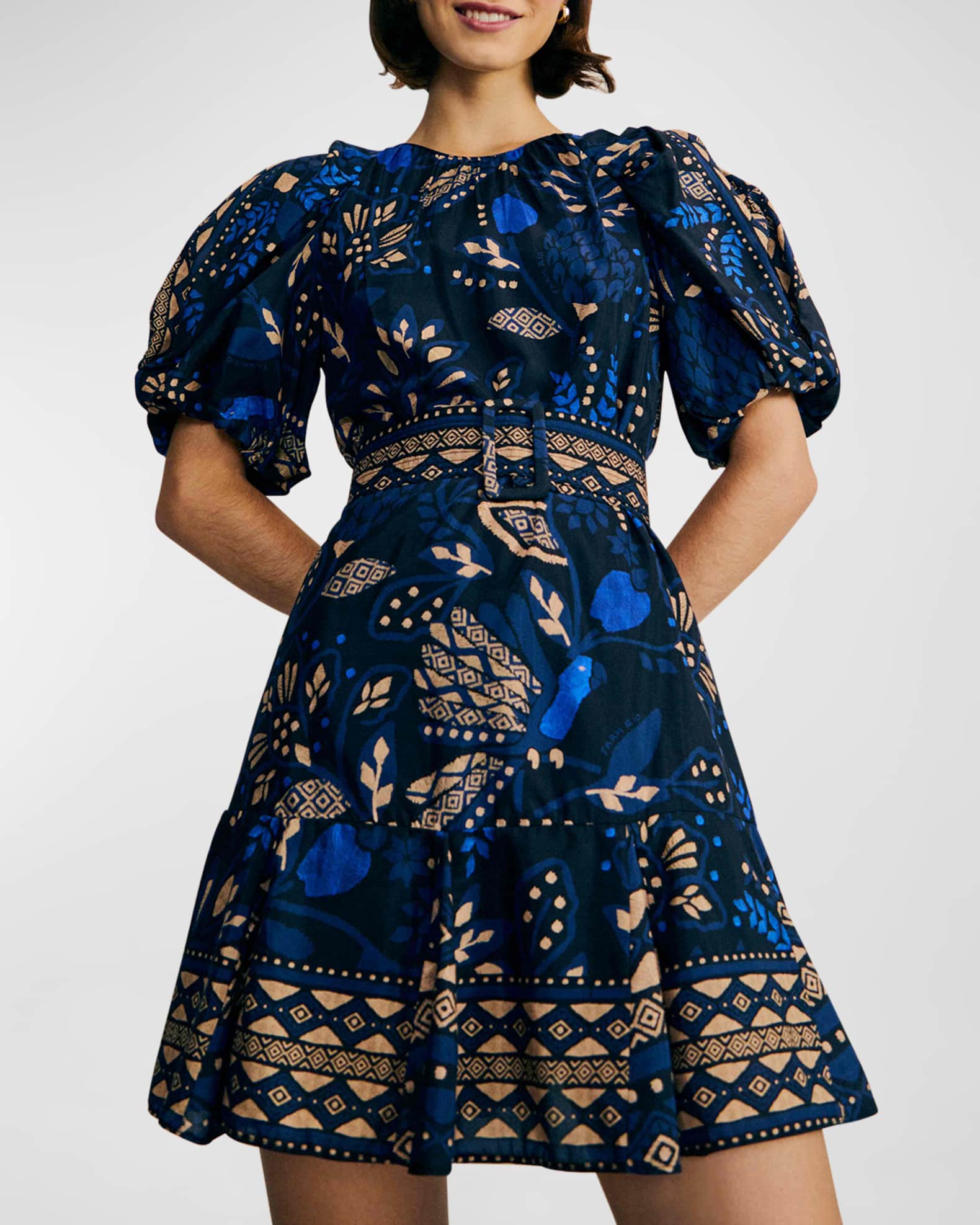 Farm Rio Macaw Forest Balloon-Sleeve Belted Mini Dress | Neiman Marcus