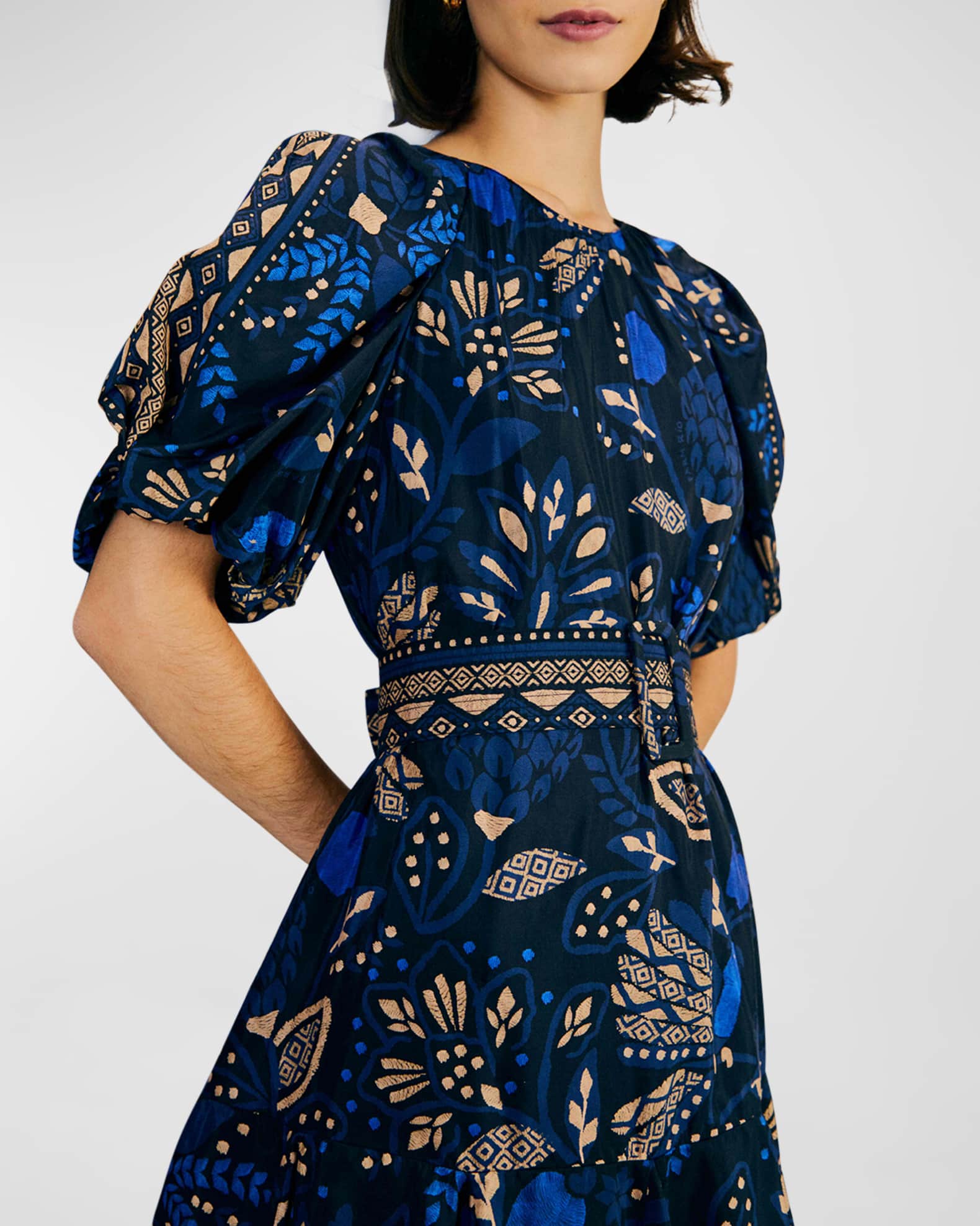 Farm Rio Macaw Forest Balloon-Sleeve Belted Mini Dress | Neiman Marcus