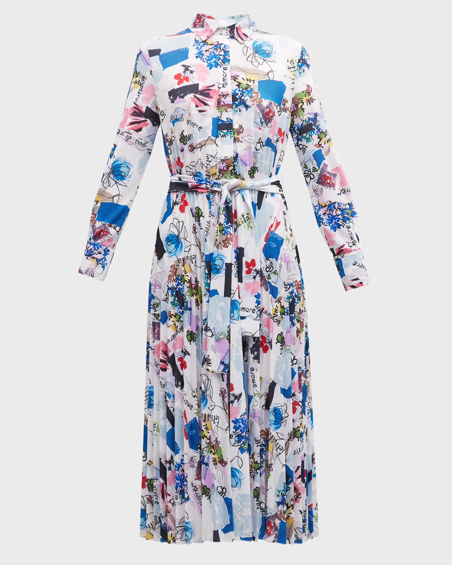 Marella Egadi Pleated Abstract-Print Midi Shirtdress | Neiman Marcus