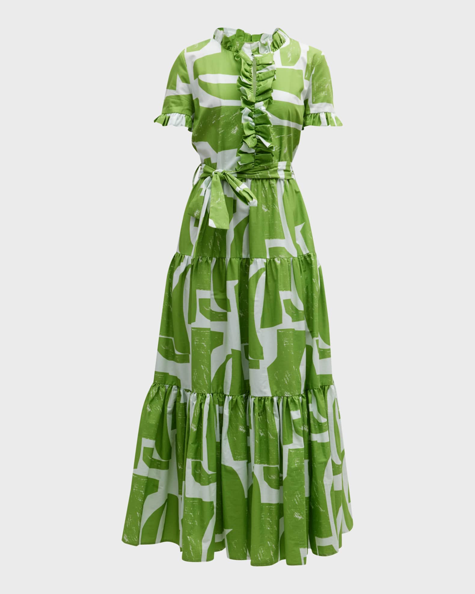 Abstract Print Ruffle Sleeve V-Neck Midi Dress