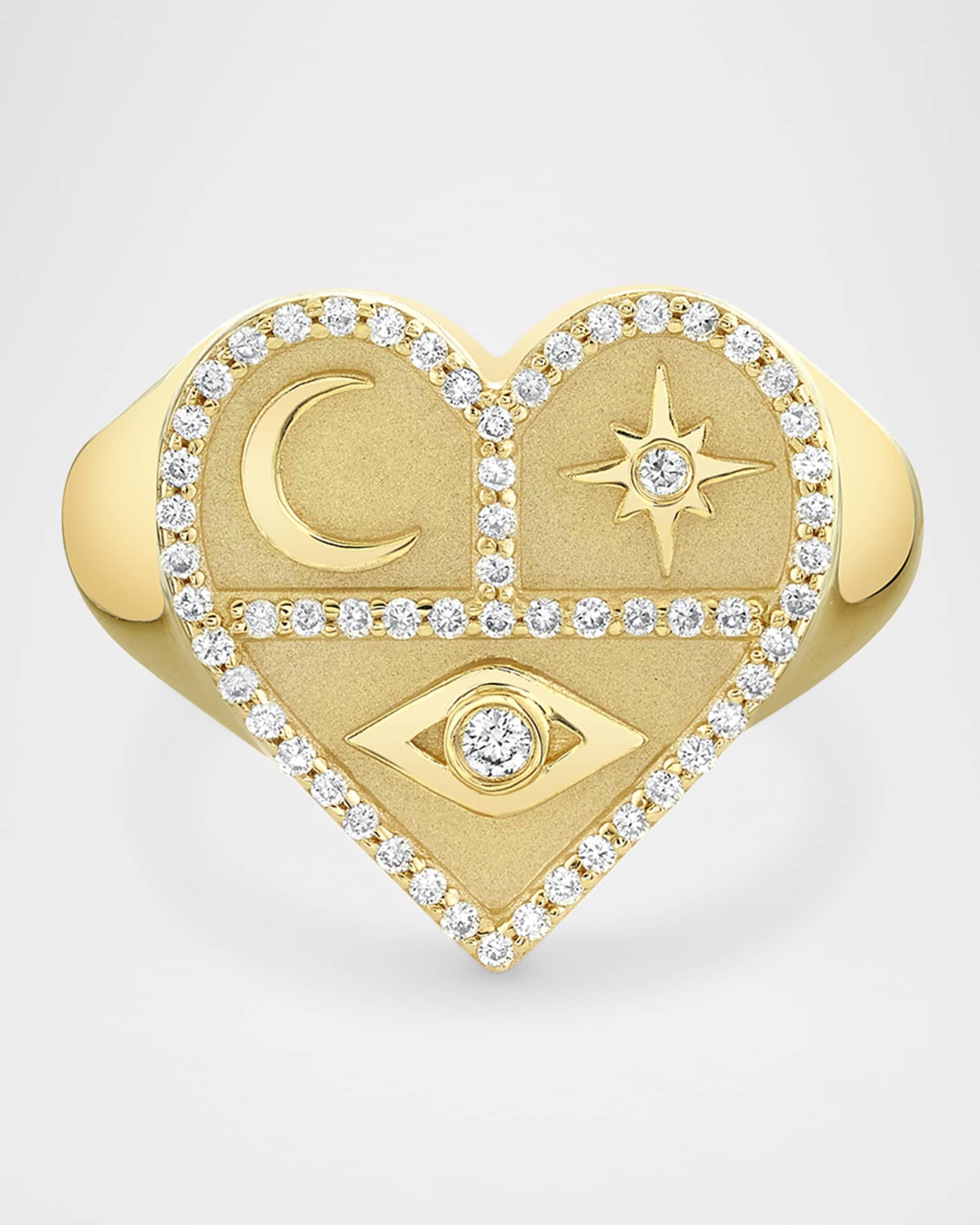 14K Yellow Gold Heart Icons Signet Ring with Diamonds 1