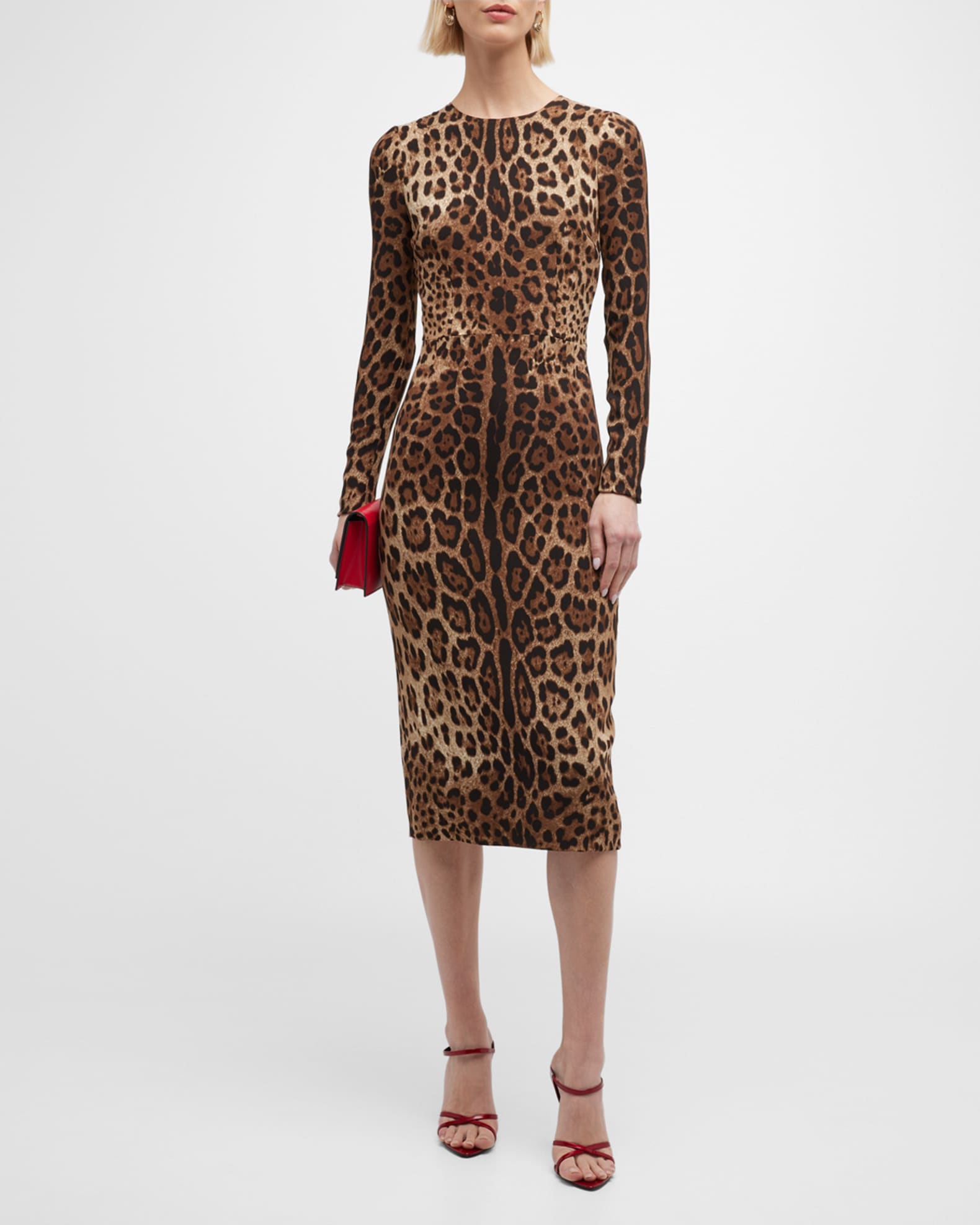 Leopard Print Long Sleeve Midi Dress