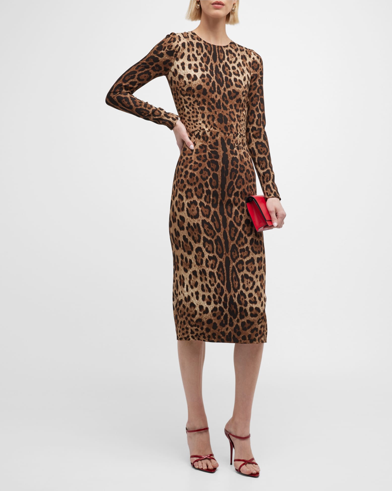 Dolce&Gabbana Leopard-Print Long-Sleeve Midi Dress | Neiman Marcus