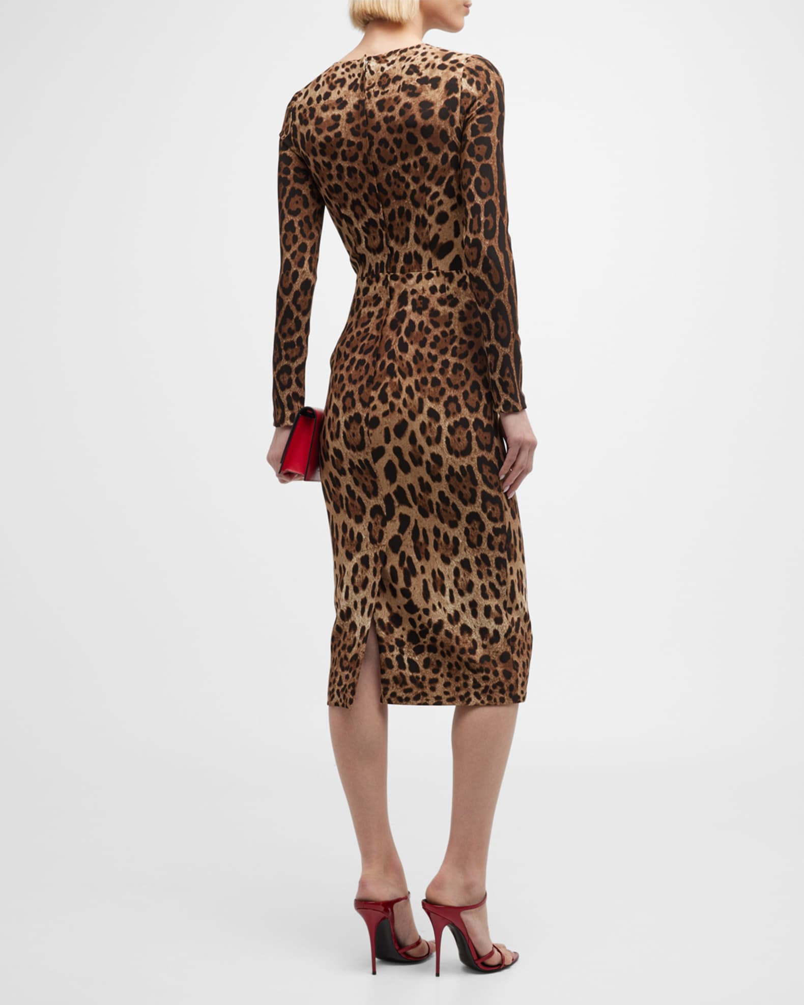 Dolce&Gabbana Leopard-Print Long-Sleeve Midi Dress | Neiman Marcus
