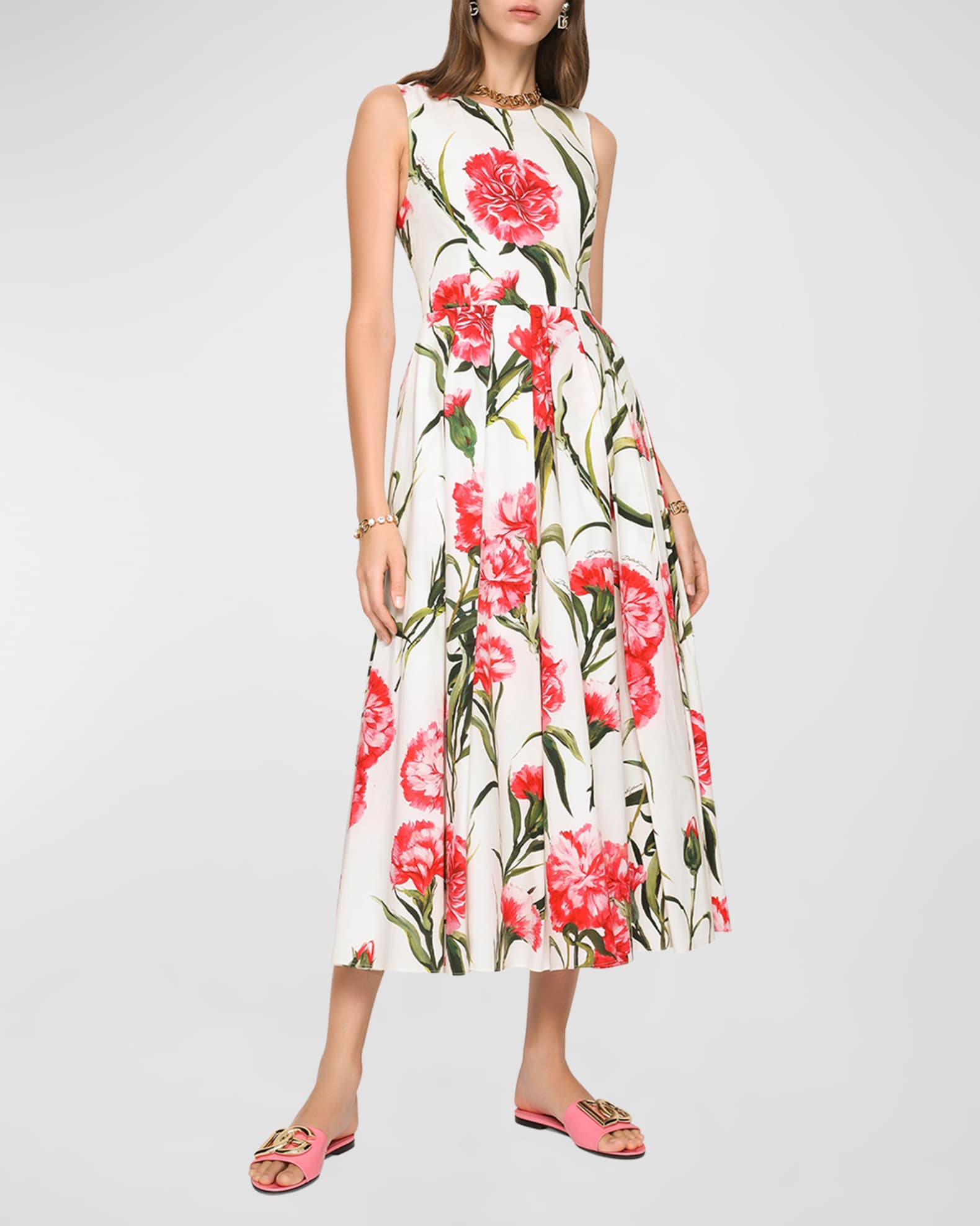 Dolce&Gabbana Floral-Print Pleated Midi Dress | Neiman Marcus