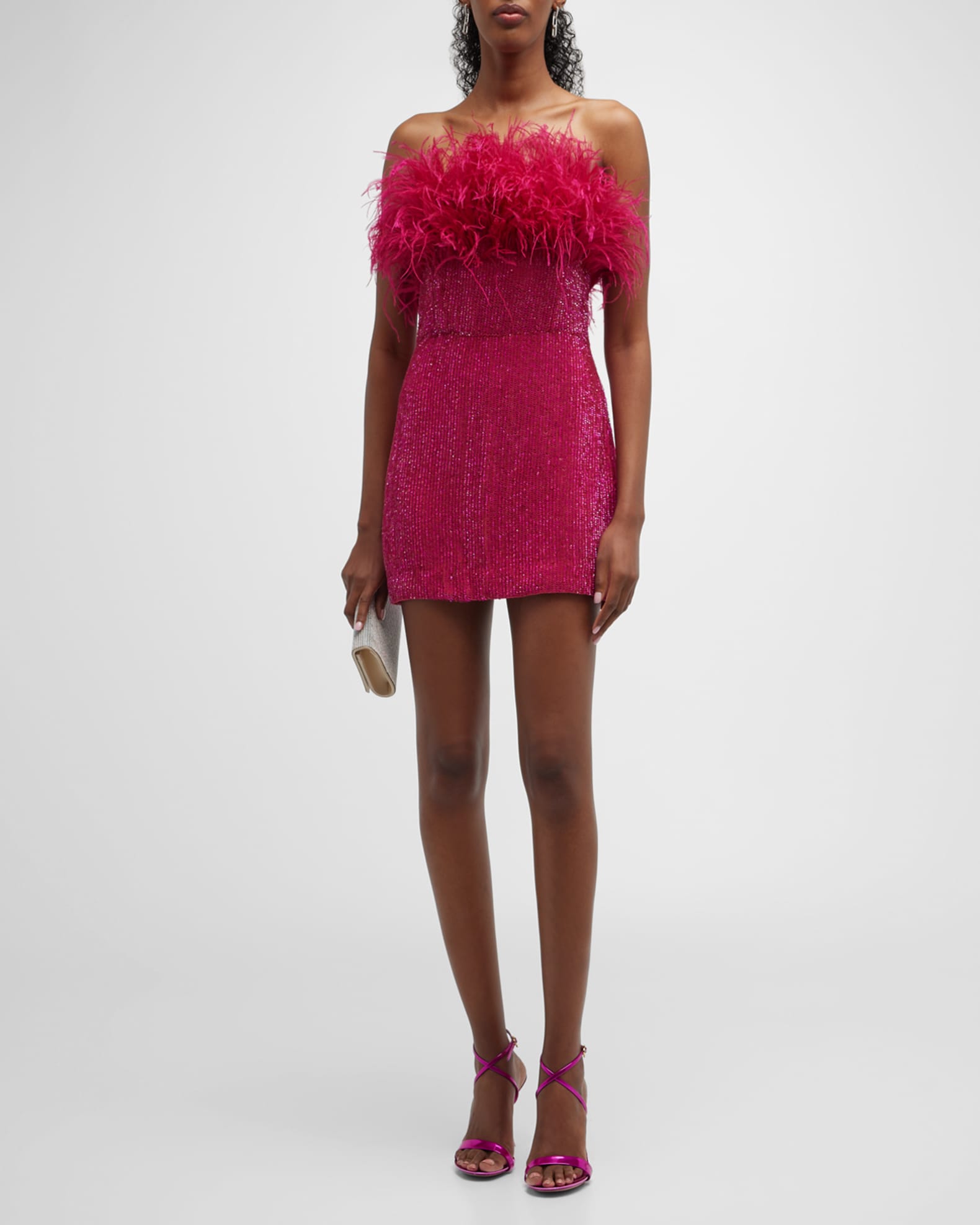 Retrofete Torin Sequin Bandeau Ostrich-Trim Mini Dress | Neiman Marcus